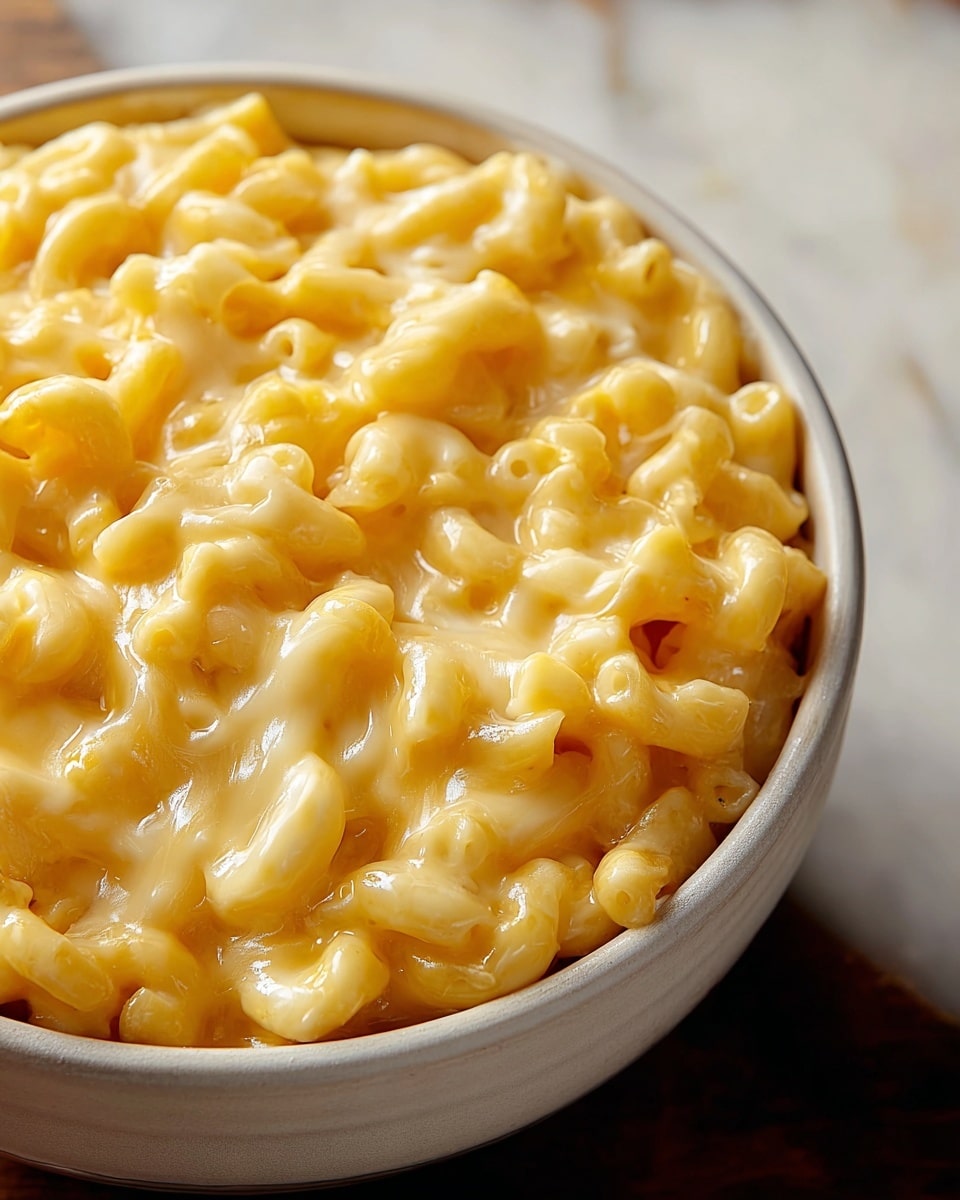 A close-up view of a bowl filled with creamy macaroni and cheese, showing soft, cooked elbow macaroni pasta coated in a rich, smooth yellow cheese sauce. The pasta layer is fully covered with melted cheese that is glossy and slightly thick, creating a cozy, inviting texture. The bowl is white and round, contrasting with the warm cheesy mixture inside. The scene sits on a white marbled surface that adds a clean and bright touch to the composition. photo taken with an iphone --ar 4:5 --v 7