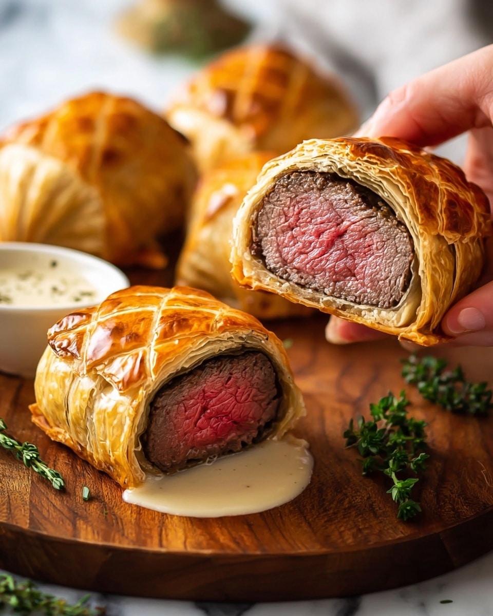 The image shows a close-up of a beef wellington cut in half, revealing a thick, medium-rare pink and brown beef center wrapped in golden, flaky puff pastry with visible layers. The puff pastry has a shiny, slightly crinkled outer layer. The beef wellington halves sit on a smooth light-colored creamy sauce on a wooden board, with whole pastries in the background. A woman's hand gently holds one half, lifting it slightly, while fresh green sprigs of herbs lie on the board near the pastries. The scene is set on a white marbled surface. photo taken with an iphone --ar 4:5 --v 7