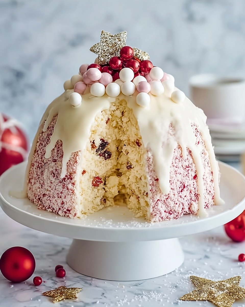 A dome-shaped cake with one large slice removed reveals a soft, crumbly, pale yellow interior with small bits of fruit inside. The cake is covered in a smooth, white frosting that drips slightly down the sides. The top is decorated with a mix of small round white and pink candy-like balls scattered densely over a textured, pink and red surface, dusted with powdered sugar. A small cluster of shiny red ornaments and a glittery gold star sits on top of the cake. The cake is placed on a white cake stand against a softly blurred white marbled background, with scattered red and gold ornaments nearby. photo taken with an iphone --ar 4:5 --v 7