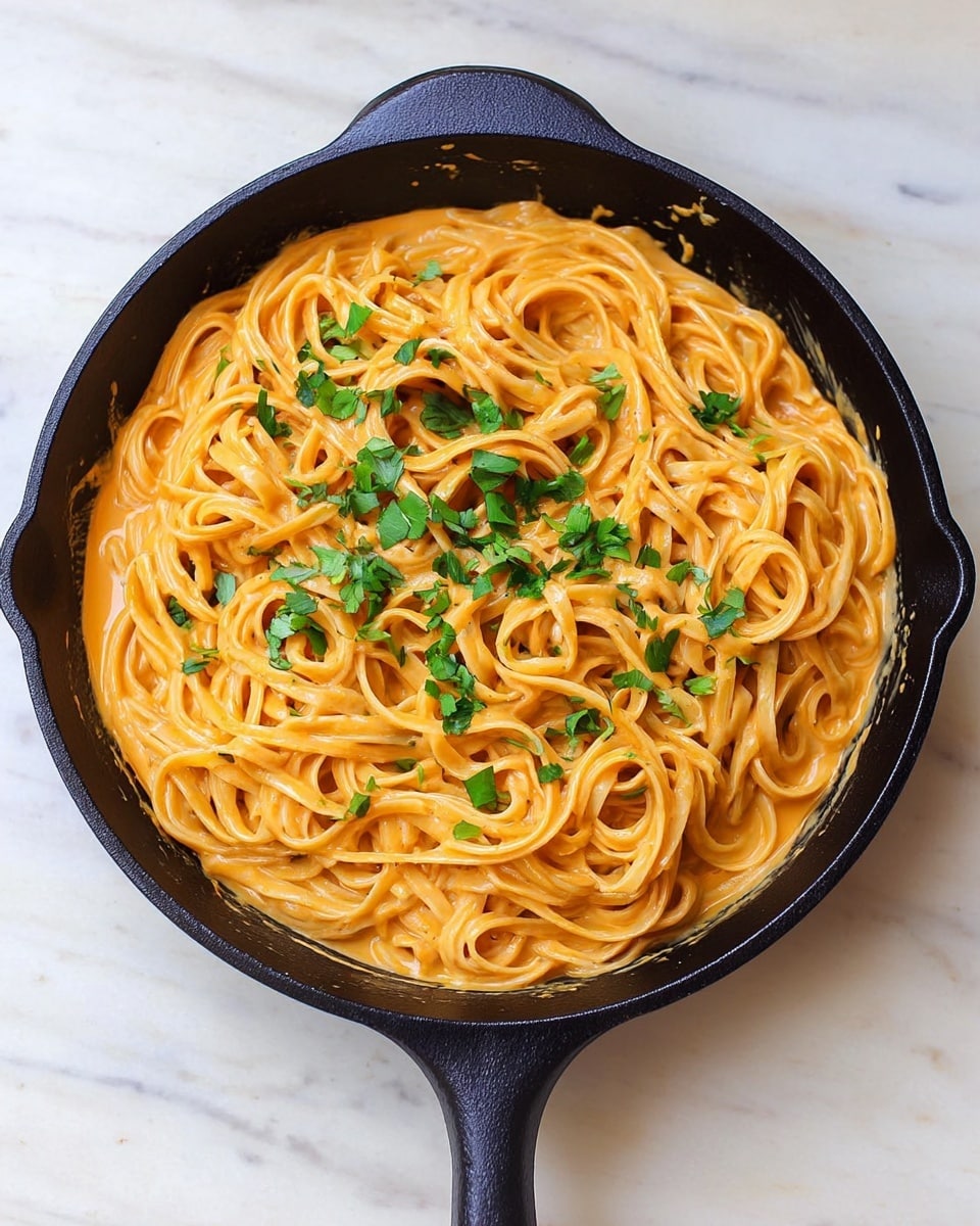 A black cast iron pan filled with creamy orange pasta evenly coated in sauce, with the noodles forming a loose swirl and scattered fresh green herb pieces on top as garnish, all placed on a white marbled surface. photo taken with an iphone --ar 4:5 --v 7