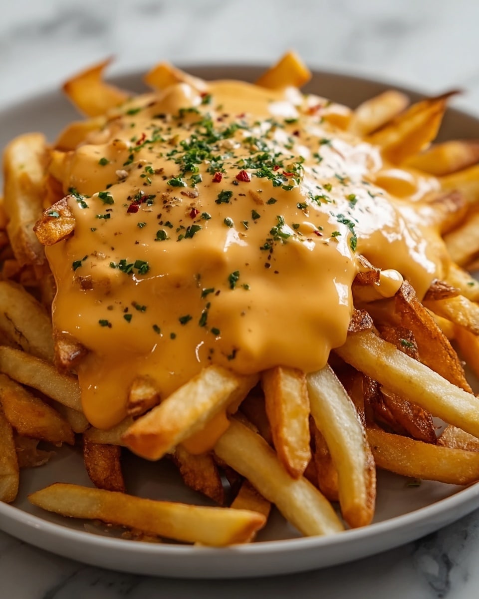 A close-up of a plate filled with golden brown French fries piled in an uneven mound, topped with a thick, creamy orange cheese sauce that smoothly covers the middle of the fries. The sauce has a few small pepper flakes and chopped green herbs sprinkled on top. The fries have some darker crisp edges, and the plate is white, set against a white marbled background. photo taken with an iphone --ar 4:5 --v 7