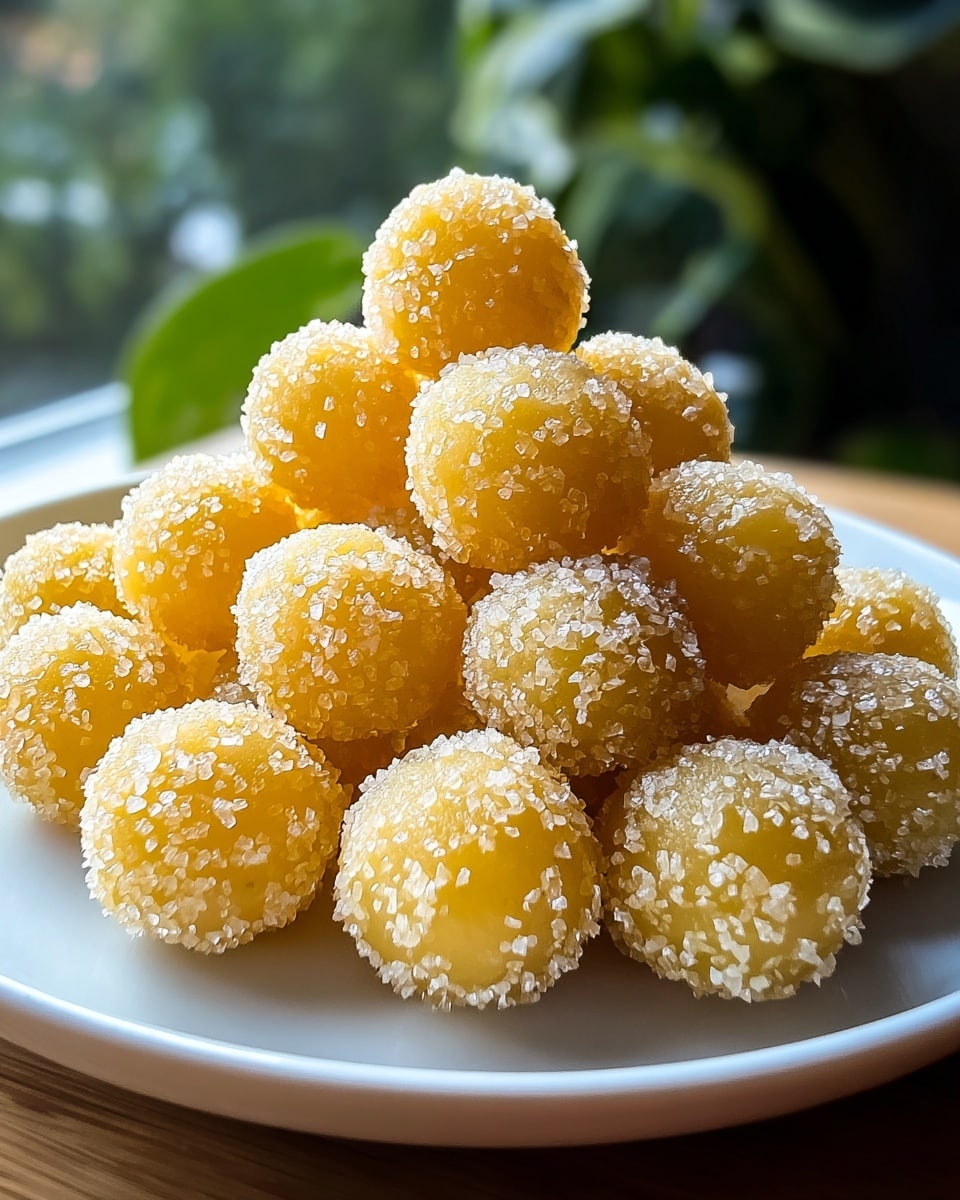 The image shows a white plate filled with many small round yellow sweets. Each sweet is coated with small white sugar crystals, giving them a rough texture on the surface. The sweets are piled up in a slightly uneven mound on the plate. The background is blurred with green plants visible behind a window, and the plate is on a wooden table set against a white marbled surface. The lighting highlights the shine on the sugary coating, making the sweets look fresh and inviting. Photo taken with an iphone --ar 4:5 --v 7