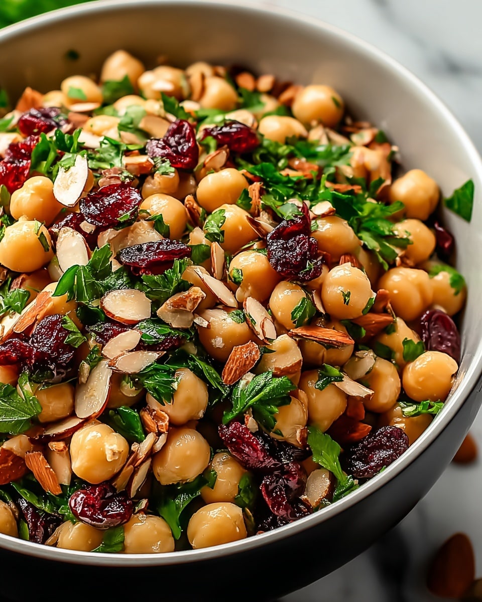 A close-up view of a chickpea salad served in a white bowl filled to the brim with round, beige chickpeas forming the base layer. On top are bright green chopped parsley leaves scattered throughout, adding freshness and color contrast. There are also halved deep red dried cranberries mixed evenly, giving the salad a burst of dark red color. Toasted almond pieces, both whole and chopped, are sprinkled generously, creating texture and a light brown contrast against the other ingredients. The whole composition sits against a white marbled surface, with soft natural light highlighting the shiny and fresh textures of the salad. photo taken with an iphone --ar 4:5 --v 7