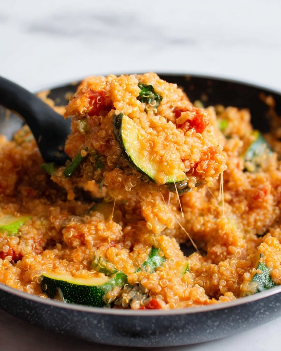 A white plate filled with a colorful quinoa and vegetable dish on a white marbled background. The meal has about three layers visually: the base layer is fluffy, red-orange quinoa grains, the second layer has bright green spinach leaves scattered throughout, and the top layer has light yellow zucchini pieces cut into small chunks. A metal fork is partly visible, resting on the right side of the plate. The quinoa looks soft and mixed well with the vegetables, giving the dish a warm, fresh look. photo taken with an iphone --ar 4:5 --v 7