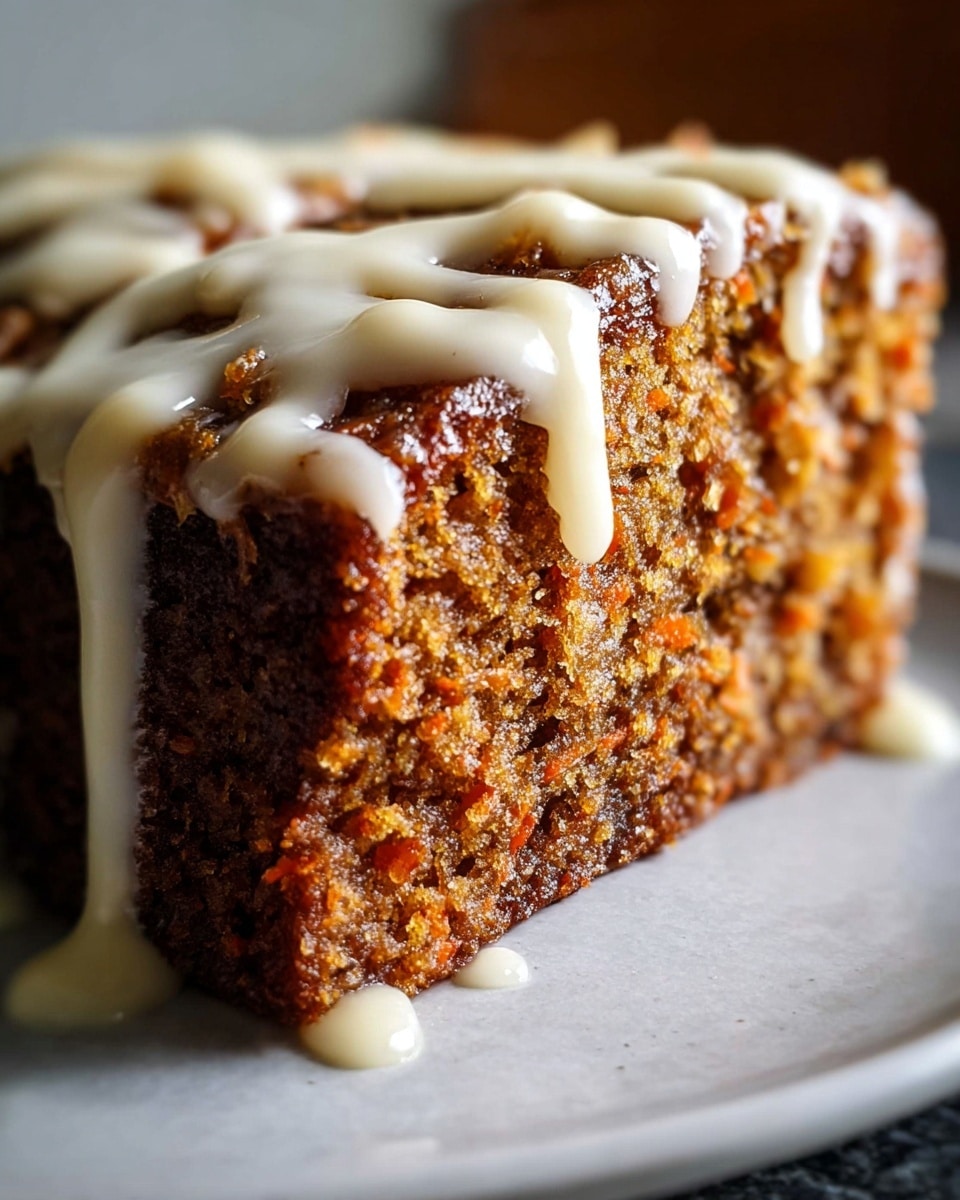 A close-up image of a thick slice of carrot cake placed on a white plate, showing its rich brown-orange color and moist texture filled with tiny carrot bits and crumbs. The cake has one visible layer, topped with soft, creamy white icing that drips slowly down the sides in thick, smooth streams, pooling slightly at the base. The background is a white marbled texture, softly blurred to keep focus on the cake's detailed surface. photo taken with an iphone --ar 4:5 --v 7