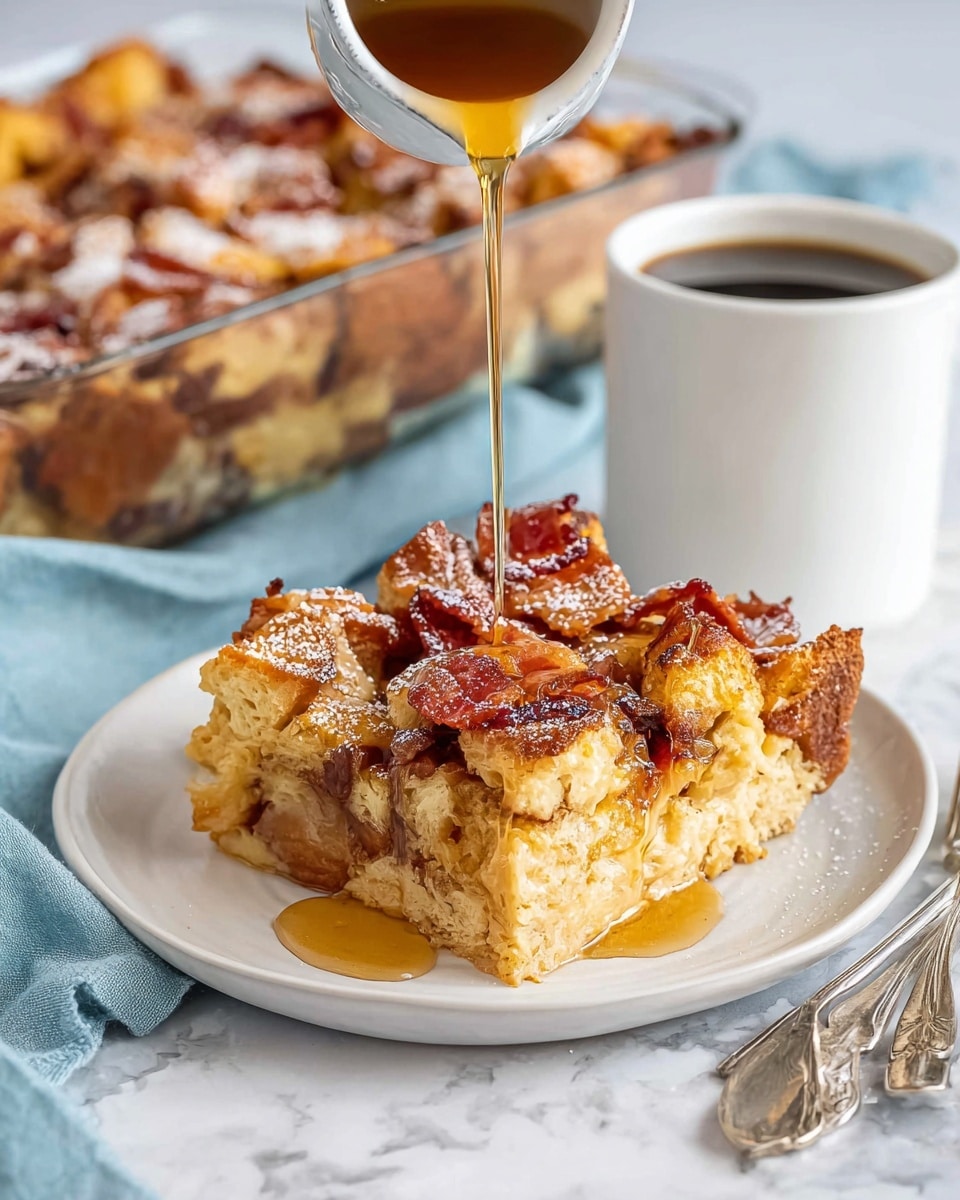 A thick square slice of bread pudding sits on a white plate showing three layers: the bottom layer is a dense, light brown baked custard base, the middle layer has baked chunks of golden bread with crispy reddish-brown bacon pieces, and the top layer shows more golden, toasted bread pieces dusted with white powdered sugar. Golden syrup is being poured over the slice, adding a glossy texture on top. In the background, more bread pudding in a clear rectangular baking dish is seen, along with a white coffee cup filled with dark coffee. The whole scene is placed on a white marbled texture with a light blue cloth and silver forks nearby. photo taken with an iphone --ar 4:5 --v 7