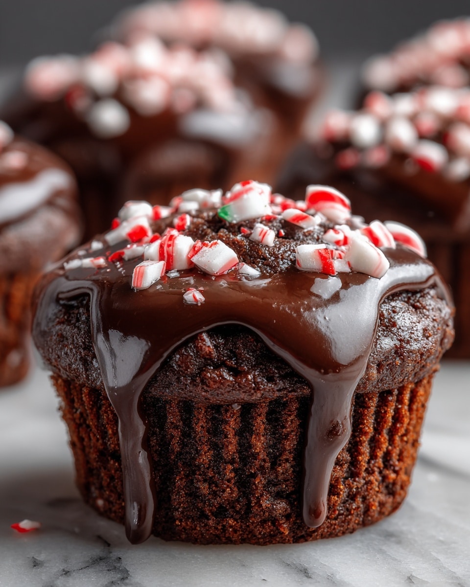 A close-up view of a rich chocolate muffin sitting on a white marbled surface, the muffin has one main layer showing its moist, textured chocolate base. On top, there is a thick and glossy layer of dark chocolate dripping slightly down the sides, giving a shiny effect. Scattered over the chocolate layer are small chunks of white and red peppermint candy pieces, adding contrast and a crunchy texture. In the background, blurred similar muffins can be seen, adding depth to the image. photo taken with an iphone --ar 4:5 --v 7