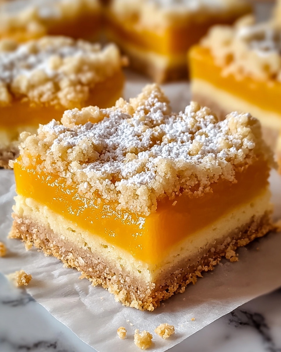 The image shows a close-up of a square slice of dessert with three visible layers: a firm, light brown bottom crust, a thick middle layer of bright orange, smooth filling, and a crumbly pale yellow topping dusted with powdered sugar. The dessert sits on white parchment paper with small crumbs scattered around, and there are more slices blurred in the background, all on a white marbled surface. photo taken with an iphone --ar 4:5 --v 7