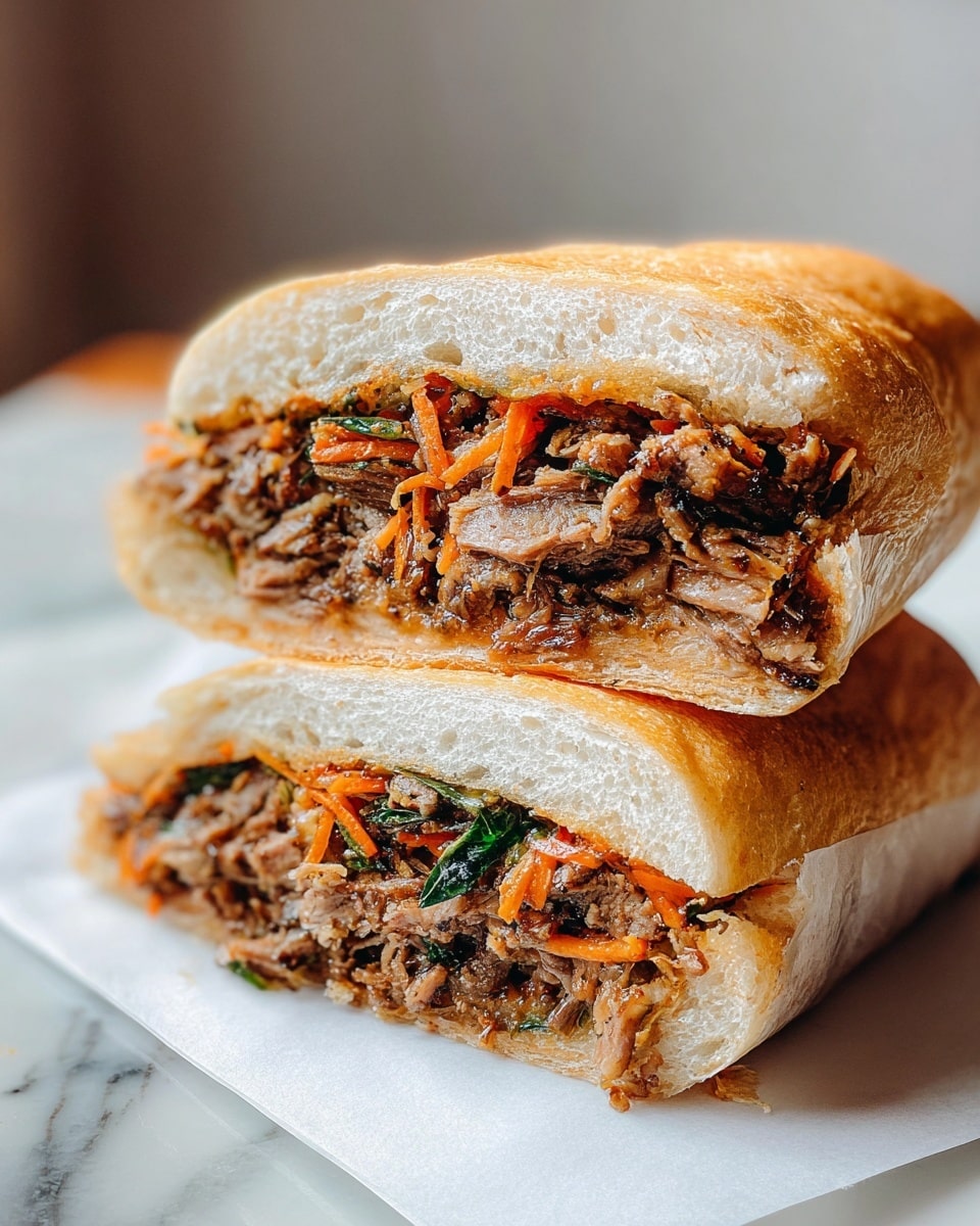 The image shows a sandwich cut in half and stacked, placed on white paper over a white marbled surface. The sandwich has a soft, light brown crust with a slightly shiny, toasted outside. Inside, the sandwich has two main layers: a thick layer of shredded, cooked meat with a slightly dark and caramelized texture and an orange mix of shredded vegetables, possibly carrots and leafy greens, scattered throughout. The sandwich filling is packed tightly inside the fluffy white bread, which shows a soft, porous texture. The edges of the bread are slightly browned from toasting. Photo taken with an iphone --ar 4:5 --v 7