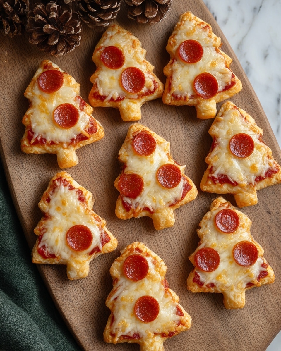 A wooden board holds eight small, tree-shaped mini pizzas, each with a golden brown crust forming the tree outline and a short trunk at the bottom. The first layer is a red tomato sauce, topped with a melted layer of gooey, light golden cheese that covers the pizza evenly. On each mini pizza, two round, bright reddish-brown pepperoni slices sit near the middle, adding a textured, slightly glossy look. The pizzas are arranged in scattered rows across the board, which rests on a white marbled surface with some pine cone decorations and green cloth cloth partially visible. Photo taken with an iphone --ar 4:5 --v 7