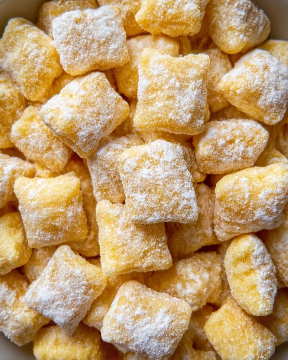 The image shows a close-up view of many small, square pillow-shaped snacks with a light yellow color that looks crispy. Each piece is coated with a thick layer of white powder, making them appear soft and crunchy at the same time. The snacks are piled together tightly, filling the entire frame, with some pieces stacked on top of others. The background that can be seen around the edges is a white marbled texture. photo taken with an iphone --ar 4:5 --v 7