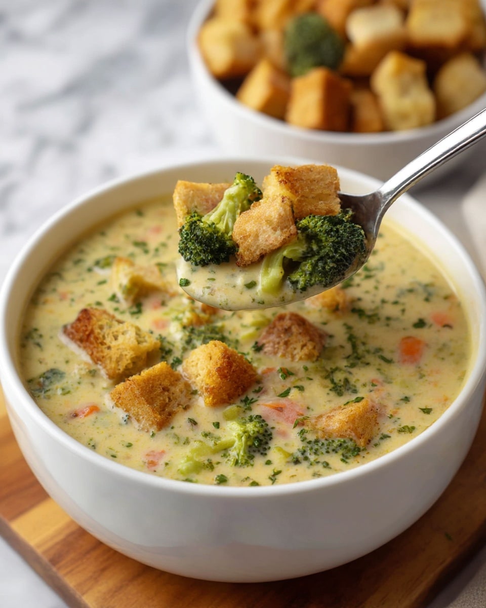 A white bowl filled with creamy broccoli cheddar soup that has a thick texture and a pale yellow color with visible chunks of green broccoli and small pieces of orange carrot mixed inside. On top of the soup, there is a layer of golden brown croutons sprinkled with small green herbs, adding a crunchy texture. A silver spoon filled with the soup and broccoli pieces is lifted above the bowl, showing the soup’s smooth and chunky layers. The bowl is placed on a wooden board and the background shows a white marbled surface and a white bowl filled with more croutons. photo taken with an iphone --ar 4:5 --v 7