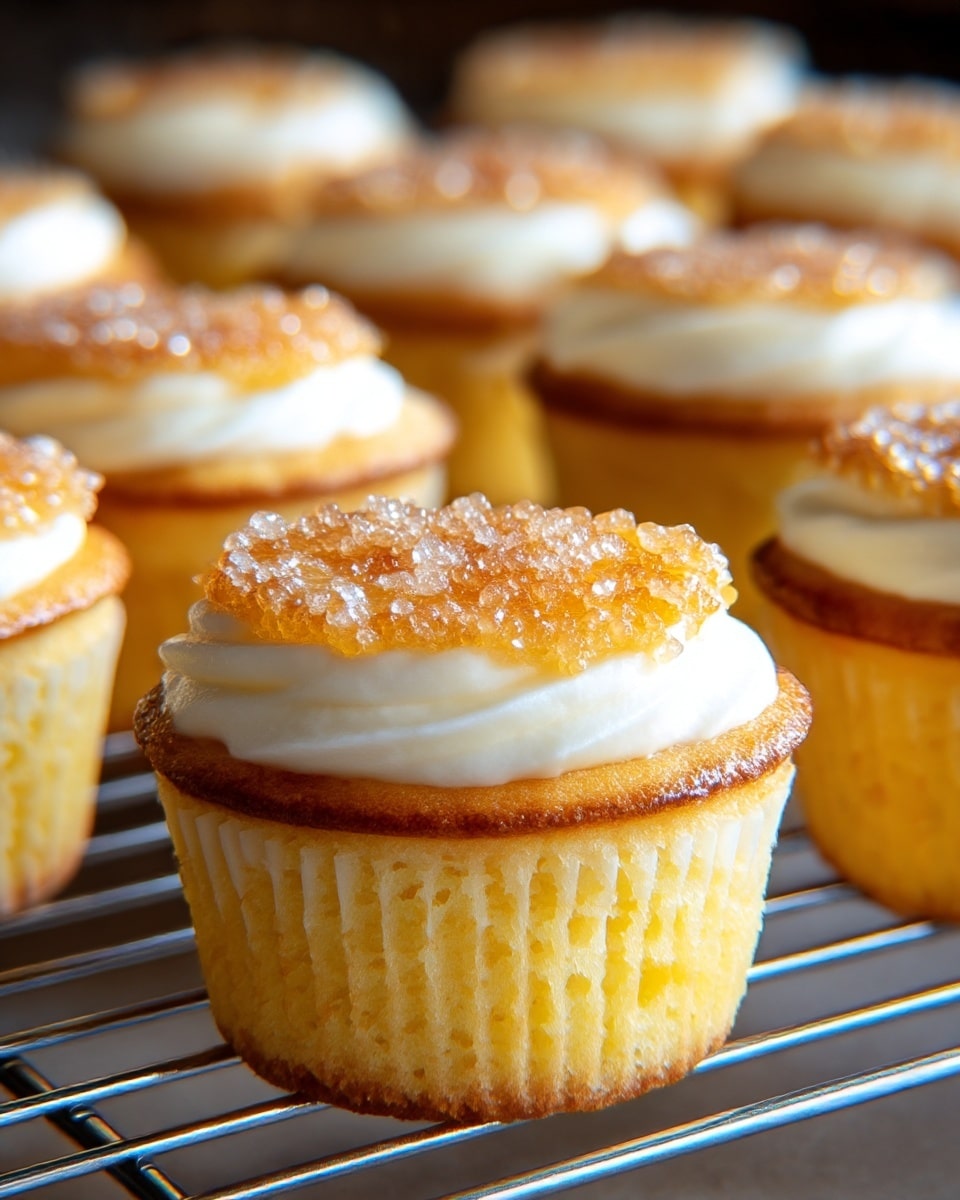 The image shows a close-up of several small cupcakes with three main layers. The bottom layer is a golden yellow, soft cake base with a slightly textured surface from the cupcake liner. The middle layer is a smooth white creamy frosting that looks thick and soft. The top layer is a lightly browned crust with a caramelized sugar texture, sparkling with grainy sugar crystals. The cupcakes are arranged closely together on a metal cooling rack, with a blurred background of more cupcakes. The lighting highlights the shiny sugar crystals and the creamy frosting, emphasizing the contrast between the soft and crunchy textures. photo taken with an iphone --ar 4:5 --v 7