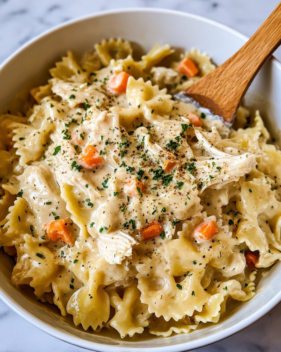 A close-up of a white bowl filled with creamy pasta. The dish has around three layers: the bottom layer is a smooth, creamy sauce with a light yellow color, covering the pasta which is tubular and pale yellow. The next layer has chunks of white, tender chicken and bright orange cubes of carrot. The top layer shows freshly chopped green herbs sprinkled over everything, along with ground black pepper adding small dark specks. The dish appears rich and comforting, set on a white marbled surface. Photo taken with an iphone --ar 4:5 --v 7