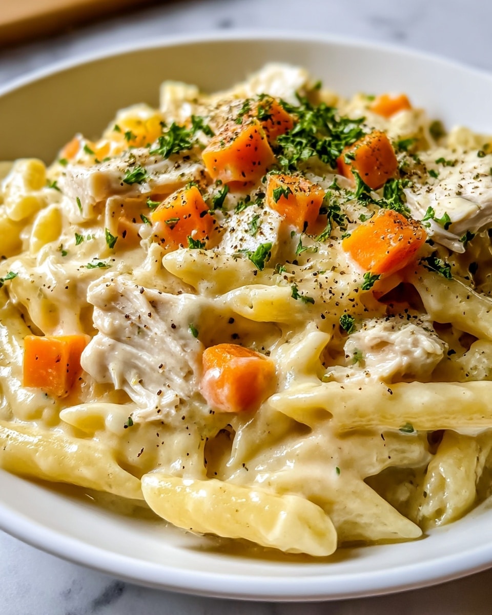 A white bowl filled with a creamy pasta dish featuring three main layers: the base layer is soft, light yellow pasta with ruffled edges, topped with a creamy, slightly thick beige sauce. Scattered throughout are chunks of white cooked chicken and small pieces of bright orange carrot, adding contrast. The dish is sprinkled with chopped green herbs and cracked black pepper, giving a speckled texture on the surface. A wooden spoon is partly visible on the right side, mixing the ingredients gently. The bowl sits on a white marbled surface. photo taken with an iphone --ar 4:5 --v 7