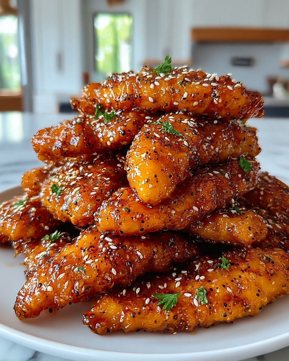 A white plate holds a tall stack of golden-brown fried chicken strips that are shiny and covered in a sticky glaze. Each strip has a slightly rough texture with crispy bits and black pepper flakes spread across the surface. Small white sesame seeds are scattered on top, along with tiny green parsley leaves that add freshness. The chicken pieces overlap in layers, creating a messy but inviting pile. The background is blurred, showing a modern kitchen with white cabinets and a white marbled countertop. photo taken with an iphone --ar 4:5 --v 7