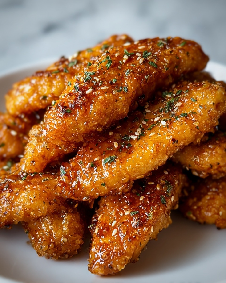 The image shows a close-up of several golden-brown fried chicken tenders stacked tightly on a white plate. The chicken pieces are crispy with a textured, crunchy coating that shines with a sticky glaze. Small white sesame seeds and tiny green herb flakes are sprinkled on top, adding color details across the glossy surface. The chicken skin looks well-cooked with uneven dark brown spots, showing a mix of crunchy and sticky textures. The background is a white marbled texture, softly blurred to keep the focus on the crispy chicken tenders. photo taken with an iphone --ar 4:5 --v 7