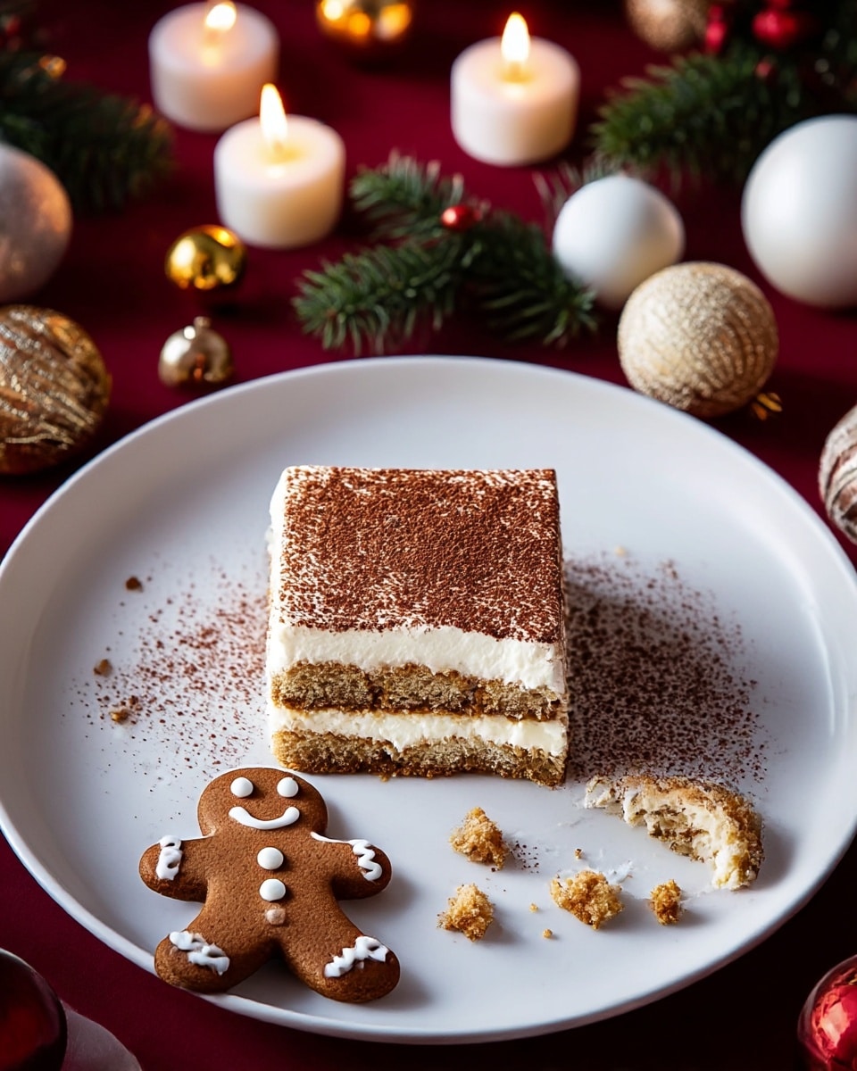 A white plate holds a square piece of tiramisu with three visible layers: the bottom layer is a light brown soaked cake, the middle layer is a darker sponge soaked with coffee, and the top layer is white creamy mascarpone dusted with cocoa powder. Part of the tiramisu is bitten, showing these layers clearly, and small crumbs are scattered around it. Next to the tiramisu, there is a brown gingerbread cookie shaped like a smiling man with white icing details. The plate is set on a deep red table with Christmas decorations around, including small candles, pine branches, and gold and white ornaments. photo taken with an iphone --ar 4:5 --v 7