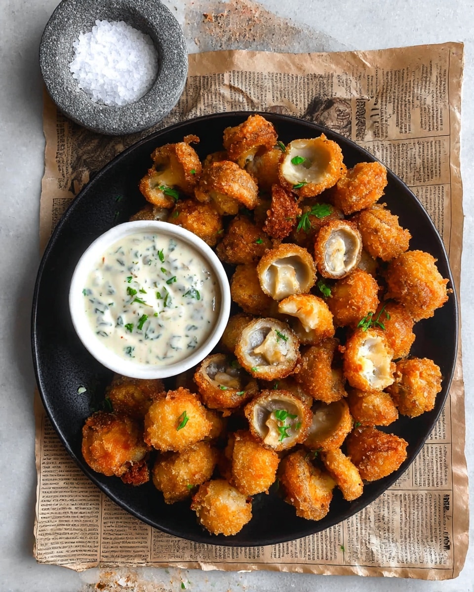 A black plate is filled with many small, round pieces of golden-brown fried mushrooms, some whole and some cut open showing the white and light grey inside of the mushrooms. A few green herb bits are scattered on top for color. Below the plate is a small white bowl with creamy white sauce mixed with small green herb pieces. The plate and bowl sit on a sheet of vintage newspaper on a white marbled surface. Near the top is a small stone bowl with coarse white salt. photo taken with an iphone --ar 4:5 --v 7