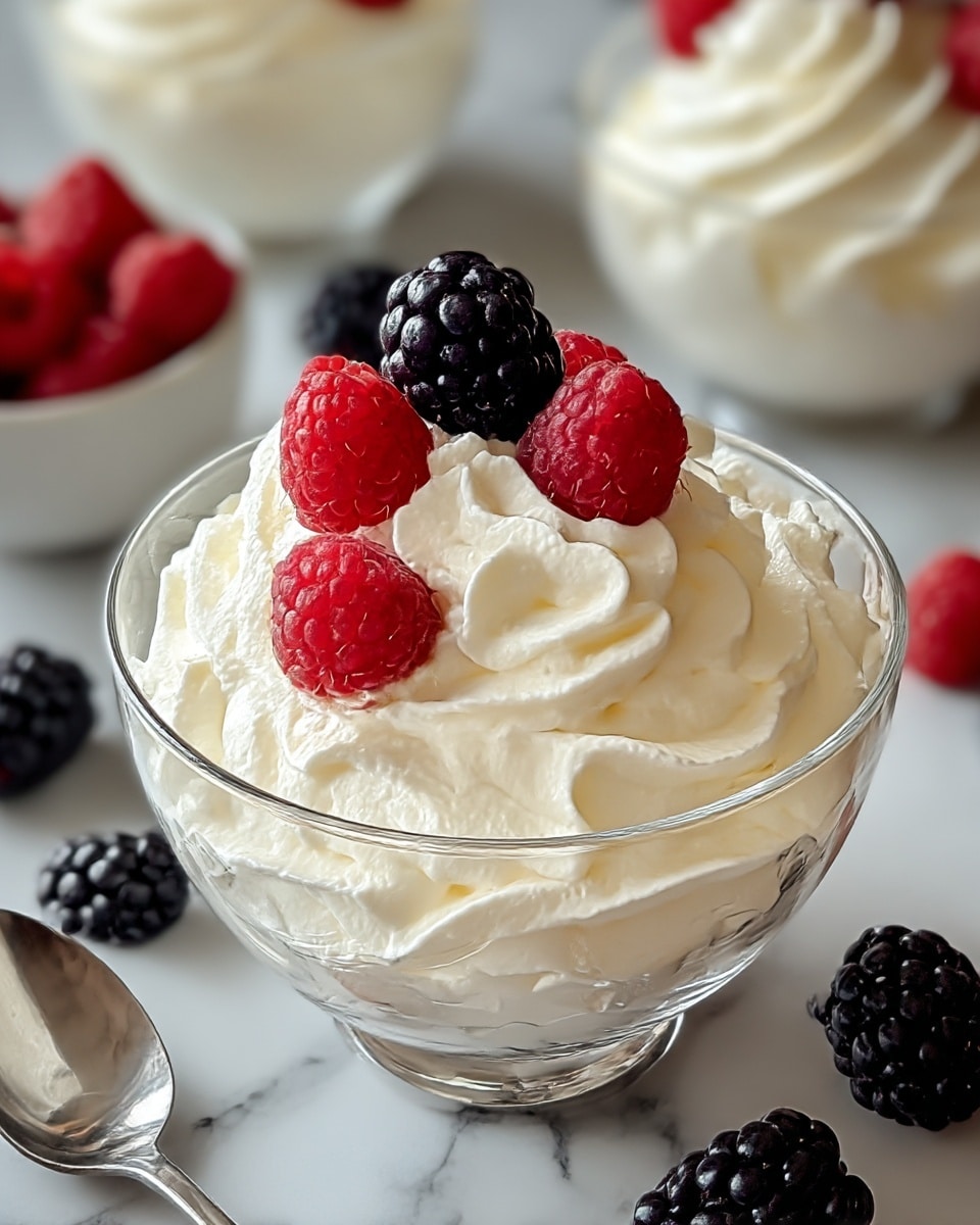 The image shows a dessert in a clear glass bowl filled with many swirls of soft, white whipped cream, piled high with a smooth and fluffy texture. On top, there are several fresh berries, including bright red raspberries and deep purple-black blackberries, arranged in a small cluster at the center. The bowl sits on a white marbled surface, with more bowls of the same dessert blurred in the background along with scattered berries. In the near background, a woman's hand holding a spoon is slightly visible. photo taken with an iphone --ar 4:5 --v 7