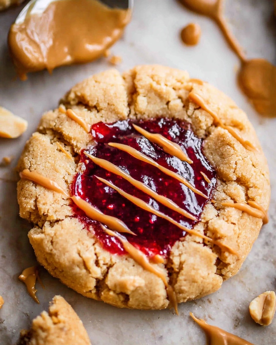 A close-up view of a round cookie with a cracked, light golden-brown outer layer that looks soft and crumbly, filled in the center with a shiny, deep red jam. On top of the jam, there are thin drizzles of smooth, light brown peanut butter. Around the cookie, there are small smears and drops of peanut butter on a white marbled surface, along with some broken peanut pieces and a metal utensil partially covered in peanut butter in the upper left area. photo taken with an iphone --ar 4:5 --v 7