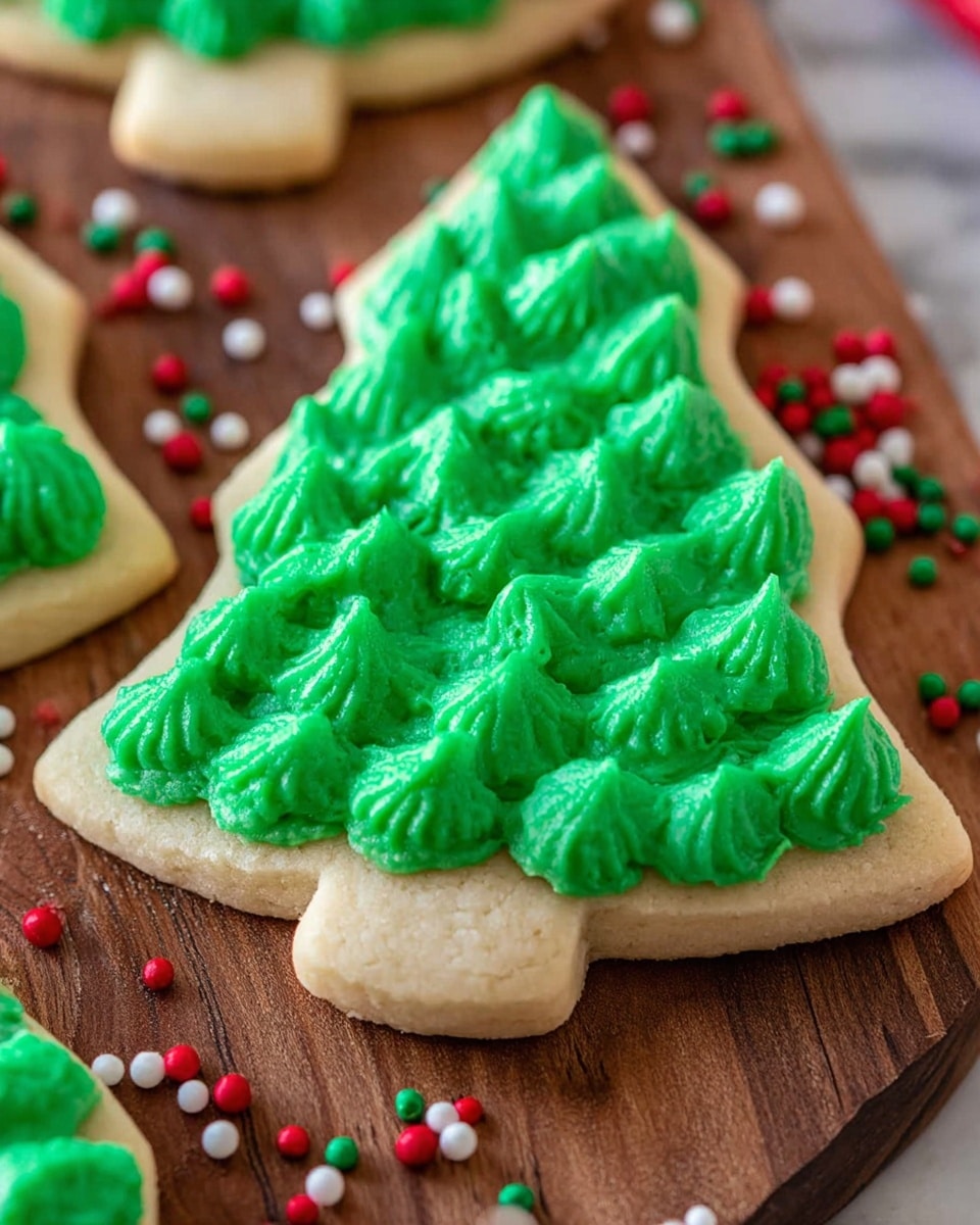 A close-up view of a tree-shaped cookie with a light beige base covered by thick, bright green frosting. The frosting is applied in small, textured dollops, forming a layered look that mimics pine tree needles, arranged evenly across the surface of the cookie. The cookie sits on a wooden board with small red, white, and green round sprinkles scattered around it. The background has a white marbled texture. photo taken with an iphone --ar 4:5 --v 7