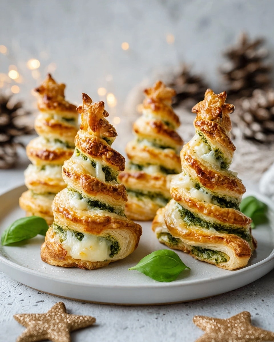 The image shows four spiral-shaped puff pastry trees standing on a round white plate with a white marbled texture surface underneath. Each tree has multiple golden-brown layers of flaky pastry twisted with dark green pesto and melted white cheese that oozes between the layers. The pastry has a glossy, crisp texture on the outside and soft, cheesy depth inside. Around the plate are some fresh bright green basil leaves and a small sparkly light brown star decoration, adding color contrast and a festive feel. Photo taken with an iphone --ar 4:5 --v 7