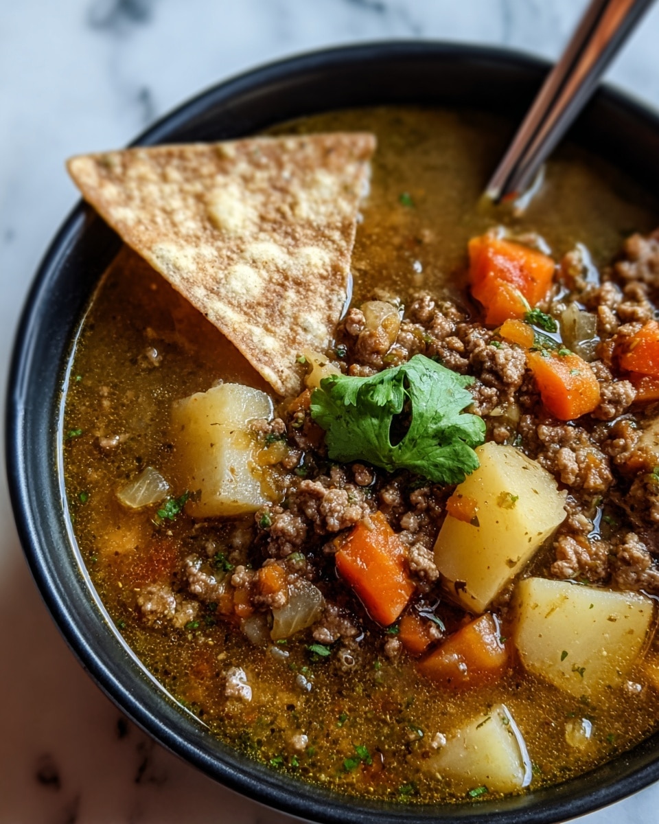 A close-up view of a dark bowl filled with beef stew. The dish has four visible layers: large pale yellow potato chunks scattered on top, surrounded by browned cooked minced beef. Interspersed are soft pieces of green bell pepper and small red tomato chunks. All ingredients are in a rich brown broth with a slightly oily surface, creating a textured mix. A silver spoon sticks into the stew at the upper right. The bowl sits on a surface with a white marbled texture. Photo taken with an iphone --ar 4:5 --v 7