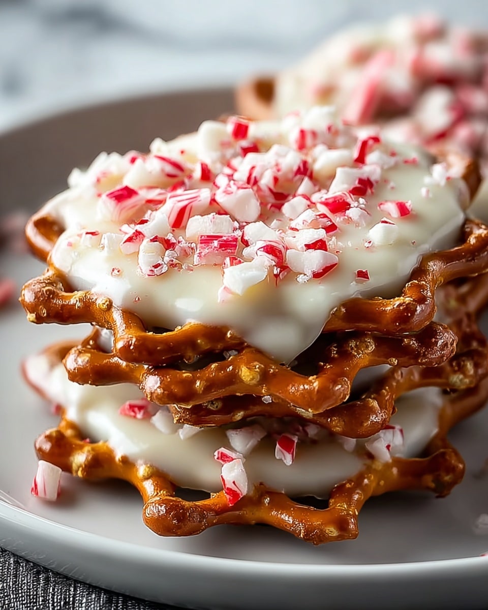A close-up view of a small stack of three round pretzels, each coated with a smooth, creamy white layer covering the top surface. The pretzels are golden brown with a crunchy texture and scalloped edges. On top of the white coating, there are small chunks of red and white peppermint candy scattered evenly, adding a shiny, colorful contrast. The pretzels sit on a simple white plate, and the background features a white marbled texture. photo taken with an iphone --ar 4:5 --v 7