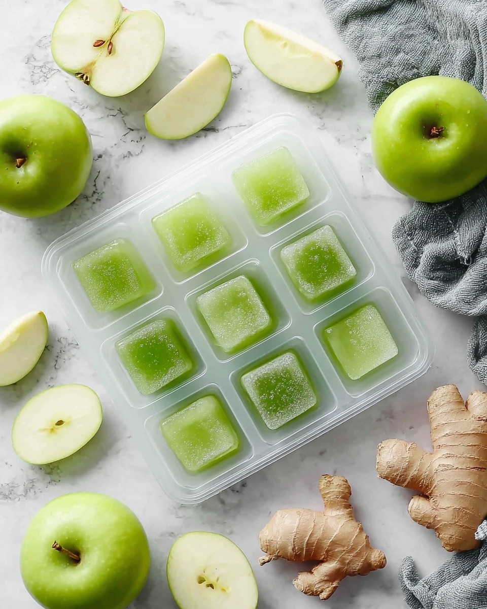 A clear plastic ice cube tray filled with nine green ice cubes, each with a slightly frosty texture and varying shapes, sits in the middle of a white marbled surface. Surrounding the tray are fresh green apples, some whole with a smooth shiny skin, others sliced in half showing pale green flesh and dark seeds, along with a few apple pieces scattered around. To the right side of the tray, a piece of fresh ginger root with its light brown, textured skin is placed near a crumpled gray cloth. The overall scene is bright and fresh, focusing on the natural green and earthy colors of the ingredients. photo taken with an iphone --ar 4:5 --v 7