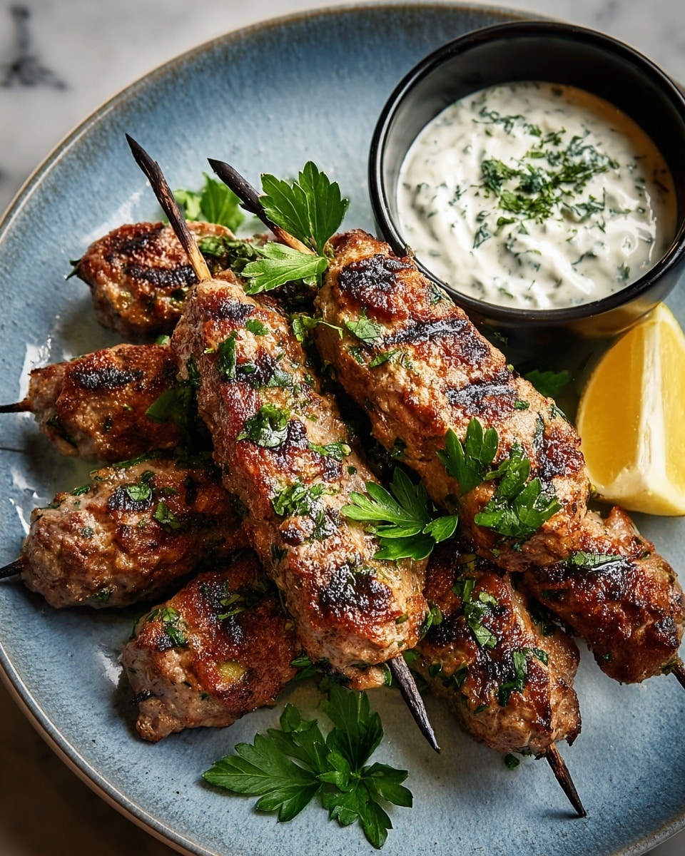 The dish shows seven grilled meat skewers placed on a white plate with a blue inside texture, arranged in a slightly overlapping circular way with char marks and small green herb pieces on them; fresh green parsley leaves are scattered underneath and on top of the skewers. On the upper right side of the plate, there is a small black bowl filled with white creamy sauce sprinkled with chopped green herbs, and next to it is a yellow lemon wedge. The plate rests on a white marbled texture surface. photo taken with an iphone --ar 4:5 --v 7