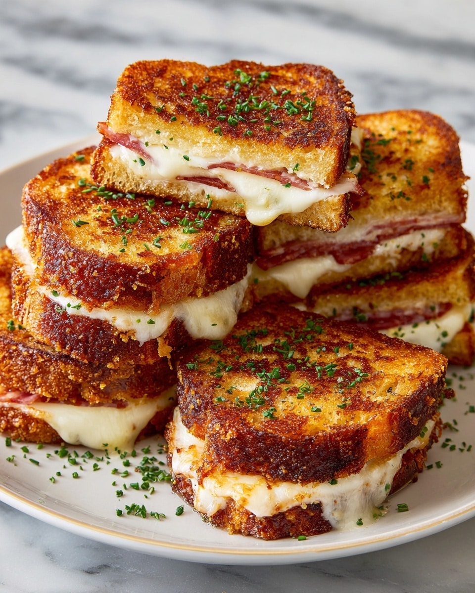 The image shows a white wooden board with four golden-brown arepas stacked on it. Each arepa is cut in half to reveal three layers inside: the soft, melted white cheese in the middle, a layer of crispy, dark brown cooked bacon below it, and the golden arepa crust forming the top and bottom outer layers. The arepas have a slightly charred, crispy texture with bits of green herbs sprinkled on top. To the side, there is a small white bowl filled with a dark soy-based dipping sauce garnished with chopped green herbs and red chili flakes. The surface under the board is a white marbled texture. photo taken with an iphone --ar 4:5 --v 7