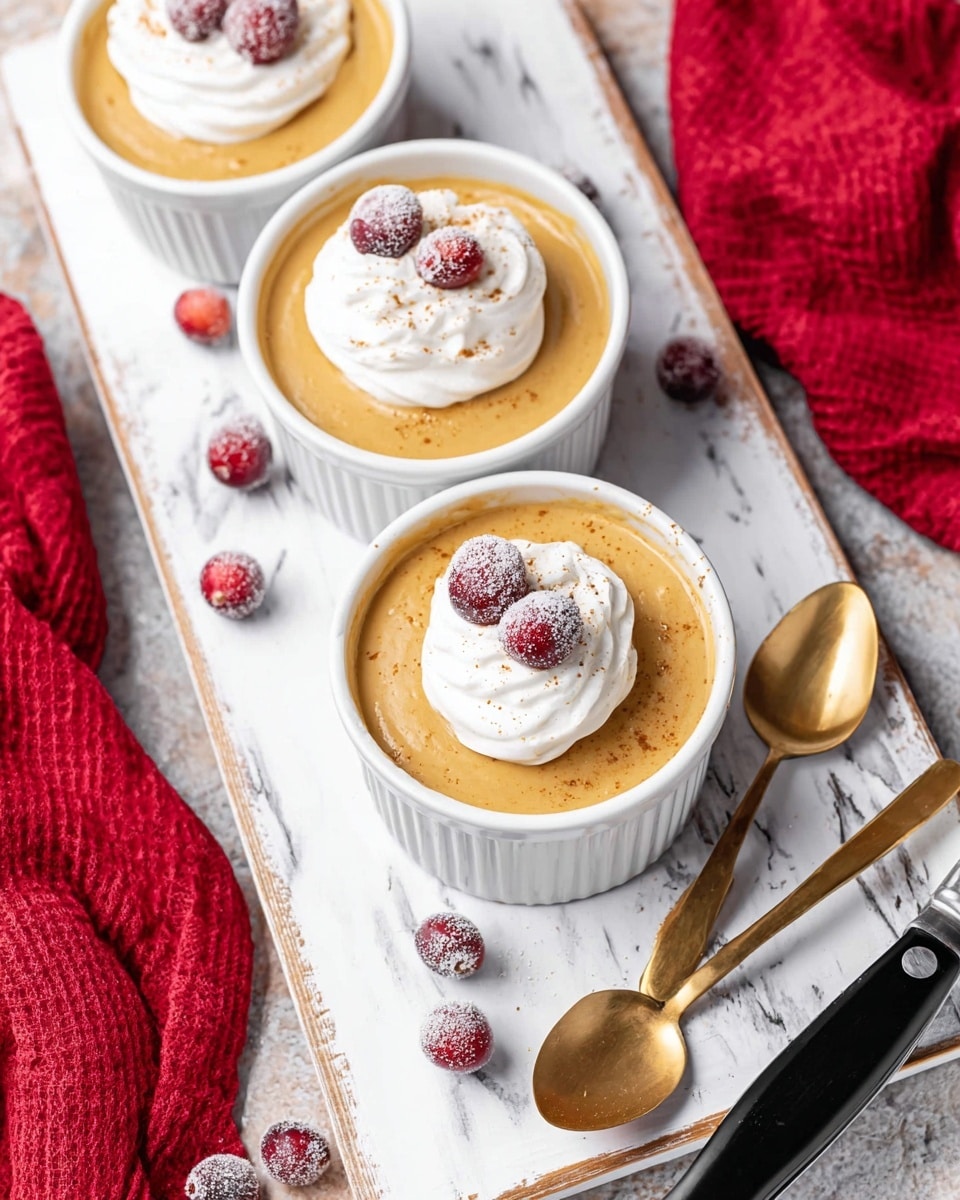 Three small white ramekins filled with smooth, creamy pumpkin-colored pudding sit on a white marbled wooden tray. Each pudding has one dollop of white whipped cream on top, garnished with two small frosted red cranberries, and sprinkled with light brown specks, likely spices. Scattered frosted cranberries and two small gold spoons lay on the tray beside the ramekins. The tray rests on a white marbled surface with light brown streaks, accompanied by a vibrant red cloth to the right and a black-handled utensil in the lower foreground. photo taken with an iphone --ar 4:5 --v 7