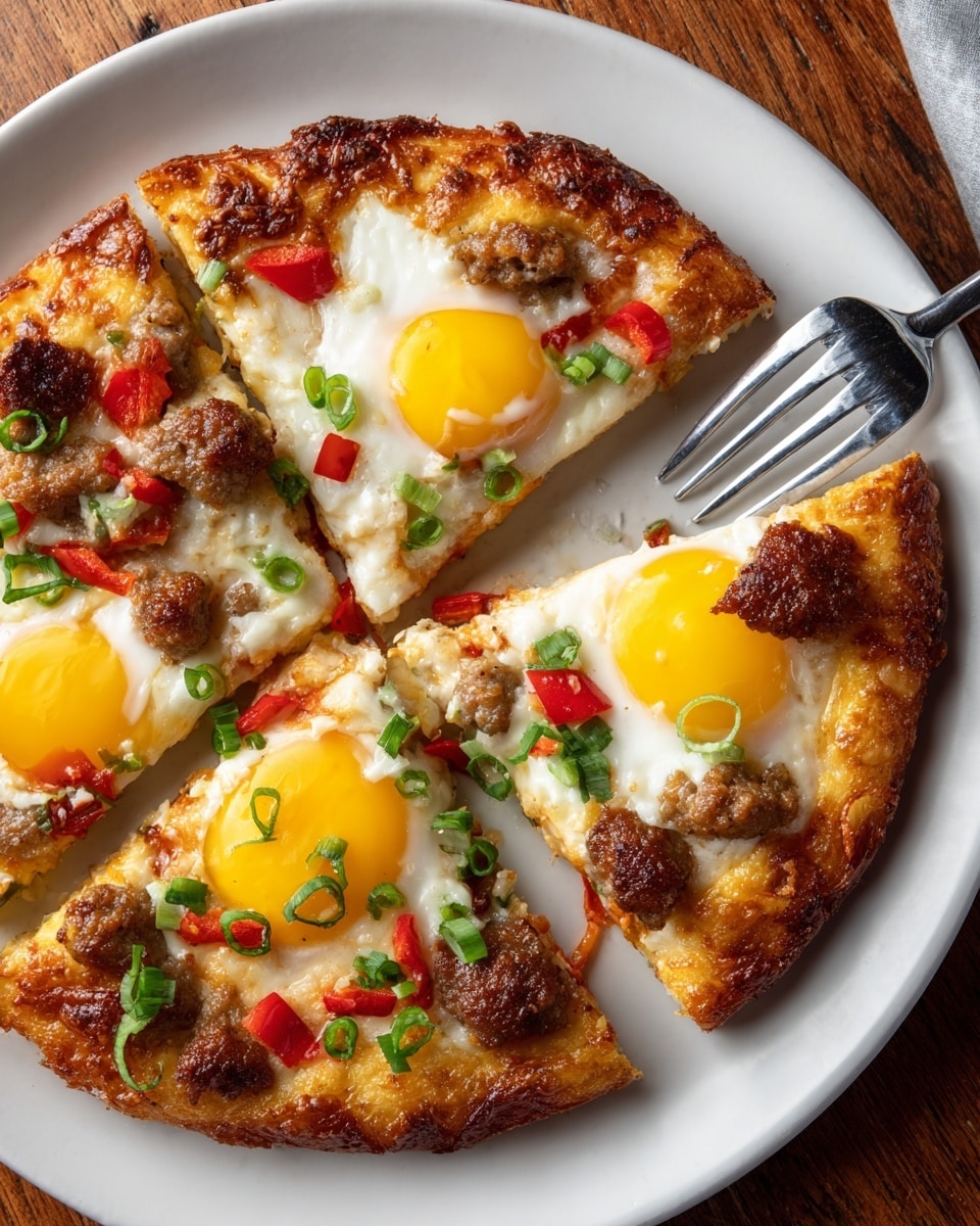 A round crispy golden-brown hash brown base forms the bottom layer with edges slightly darker and crunchy. On top, three sunny-side-up eggs with bright yellow yolks and white cooked egg whites are evenly spaced in the center. Scattered over the eggs and hash browns are chunks of cooked brown sausage, adding a textured look. Small diced red and yellow bell peppers add splashes of bright color, while chopped green onions sprinkle over the dish, adding a fresh green contrast. The dish is served on a white plate with two silver forks resting on the side, all placed on a white marbled surface. photo taken with an iphone --ar 4:5 --v 7