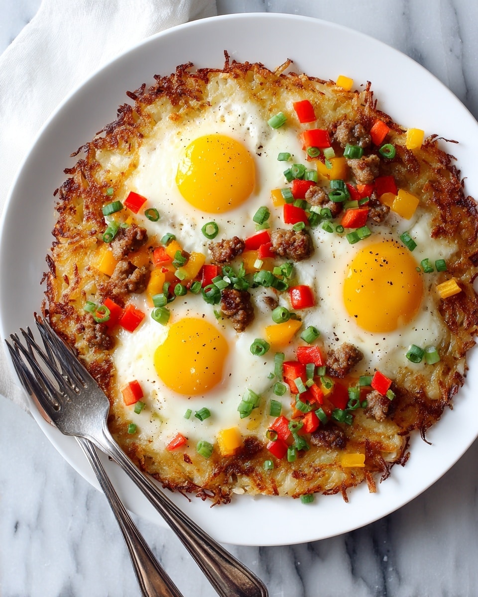 A white plate holds a round breakfast pizza cut into four slices, each slice topped with a sunny side up egg with a bright yellow yolk in the center. Beneath the eggs is a golden crispy layer of melted cheese baked to a slight brown around the edges. Scattered on top and around the eggs are browned sausage pieces, small red bell pepper chunks, and chopped green onions, adding color and texture. The crust is thick and golden brown with a crunchy look. The plate sits on a wooden table and has a silver fork beside it. photo taken with an iphone --ar 4:5 --v 7