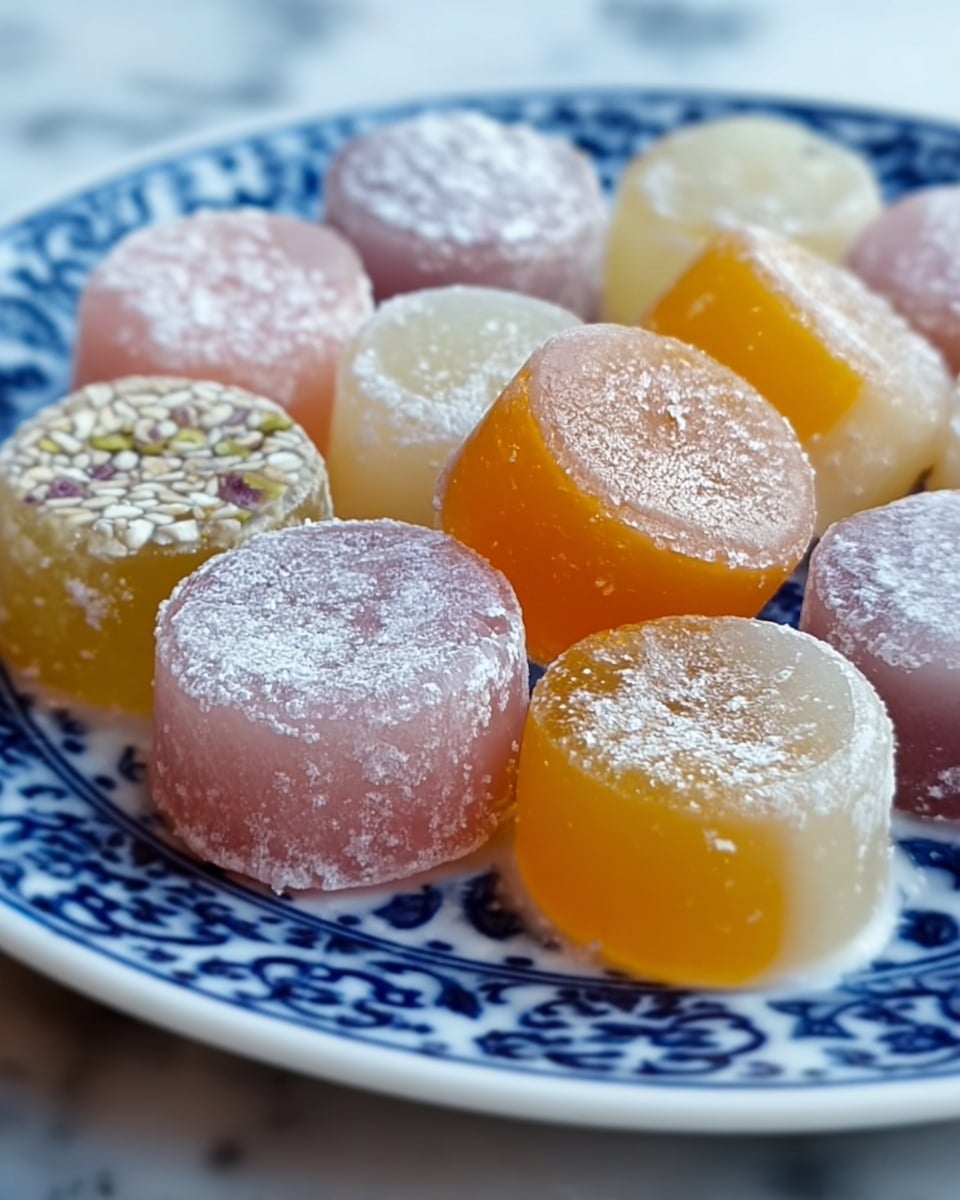 The image shows round, small jelly-like sweets on a white plate with blue patterns. Each sweet has two layers: a translucent colored base with shades of light orange, yellow, and pink, topped with a frosty white dusting that looks like crushed nuts or sugar. The sweets have a smooth, glossy texture on the sides and a slightly rough, powdery top layer. They are arranged closely together on the plate, which sits on a white marbled surface. photo taken with an iphone --ar 4:5 --v 7