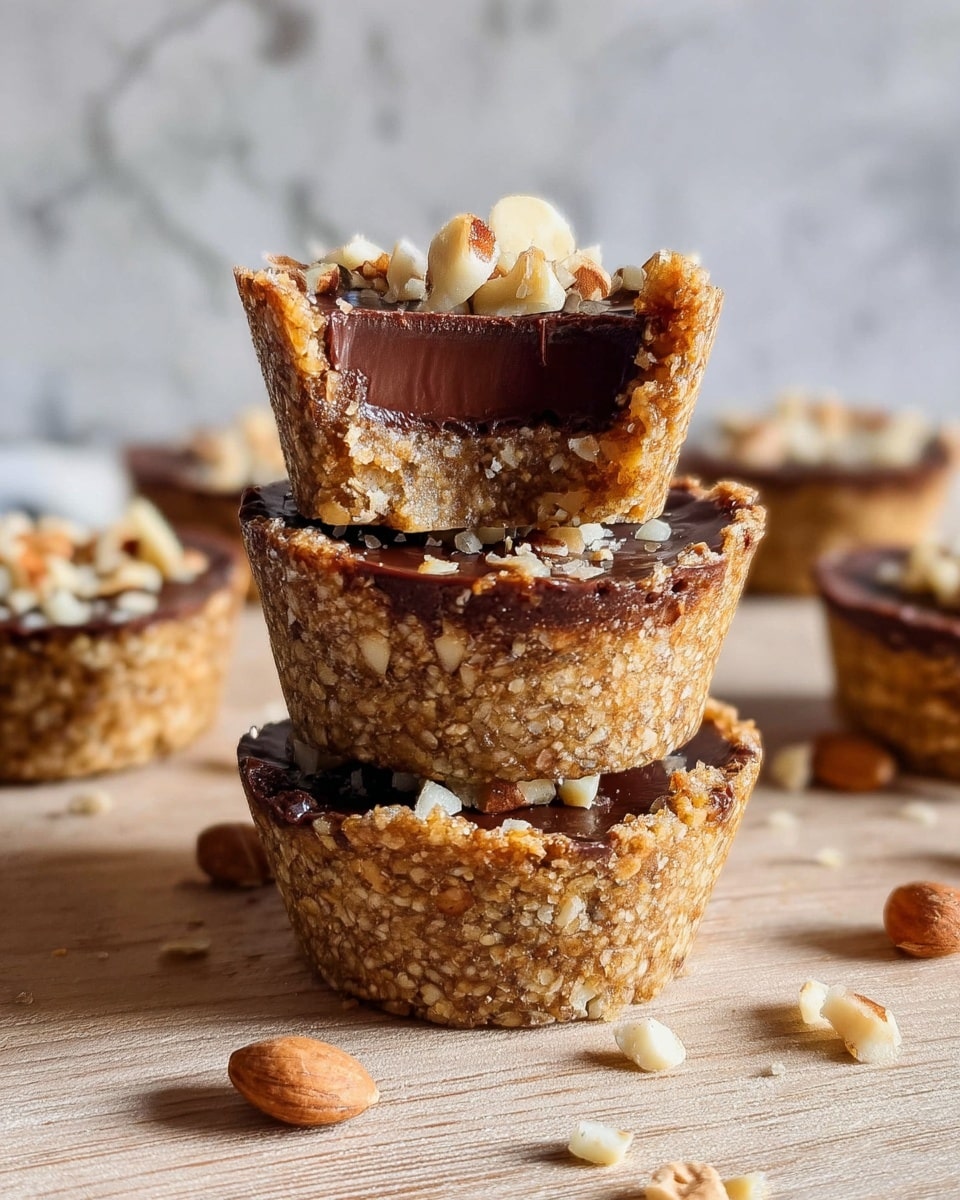 A stack of three nutty tart cups sits on a light wooden surface with a white marbled texture background. Each tart cup has a textured light brown crust made of finely chopped nuts and grains. The bottom and middle tarts show their shiny dark brown chocolate filling topped with small chunks of mixed nuts, adding a rough texture on top. The top tart is cut and placed upside down, exposing a thick layer of smooth dark chocolate filling surrounded by the same crumbly light brown crust. Scattered nut pieces lie around the tarts, creating a rustic feel. Photo taken with an iphone --ar 4:5 --v 7