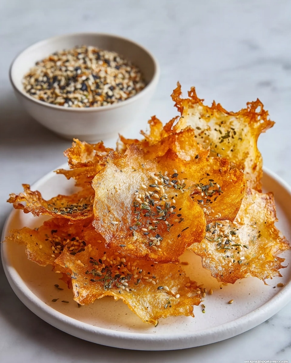 The image shows a white plate filled with several pieces of translucent, golden-brown crispy chips that have an uneven, delicate texture with some darker toasted edges. Each chip is sprinkled with a mix of white and black sesame seeds and small green herbs, adding speckles of color. Behind the plate, there is a small white bowl filled with more of the same seed and herb mix, sitting on a white marbled surface. Some seeds are scattered loosely around the plate, enhancing the natural feel of the setting. photo taken with an iphone --ar 4:5 --v 7