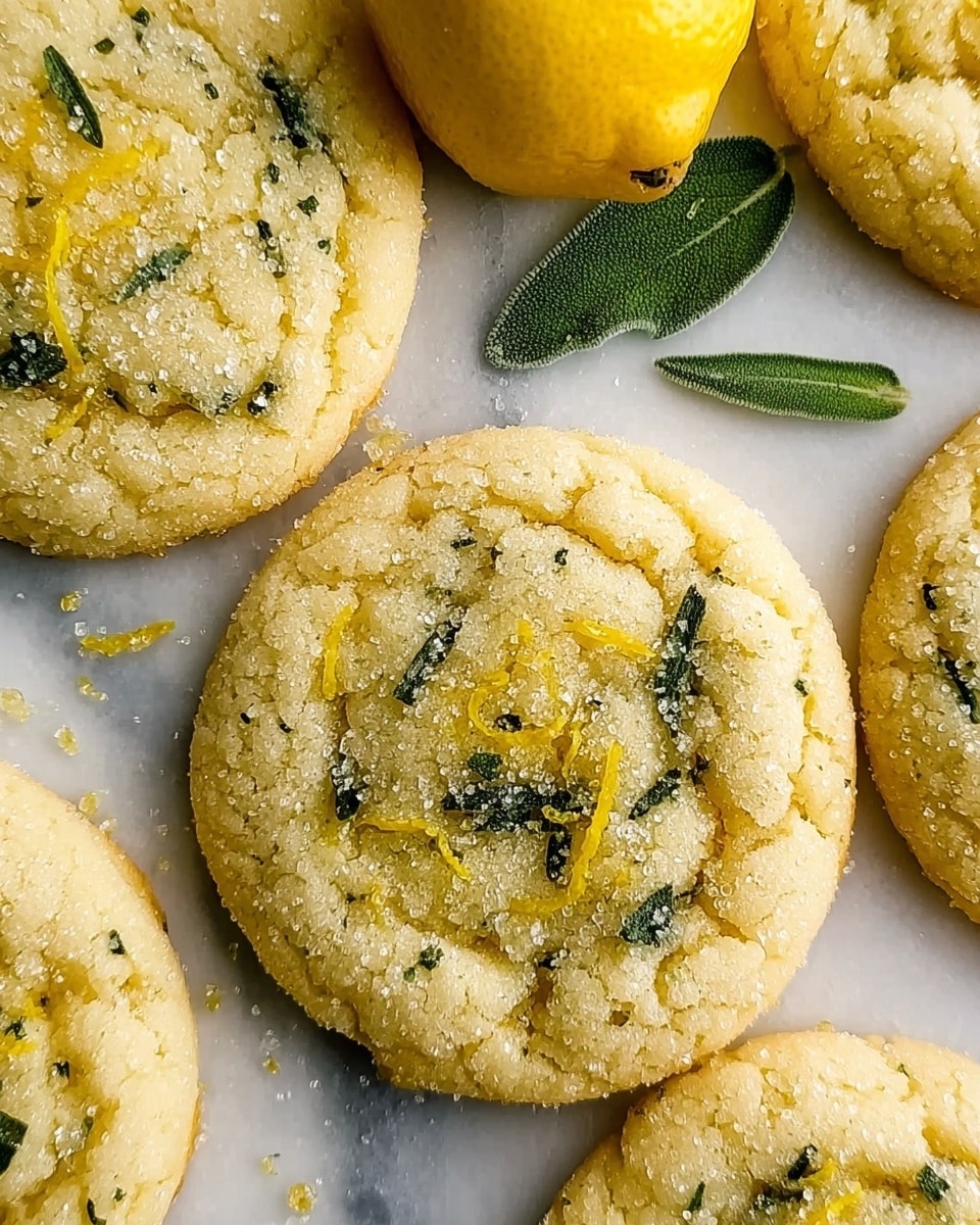 The image shows several round lemon herb cookies with a light yellow color and slightly cracked texture on a white marbled surface. Each cookie has a sparkling layer of coarse sugar on top, mixed with small green herb bits, and thin yellow lemon zest strands scattered in the center. A whole yellow lemon and small green leaves are placed near the cookies to add color contrast. The cookies look soft and fresh with a homemade style. photo taken with an iphone --ar 4:5 --v 7