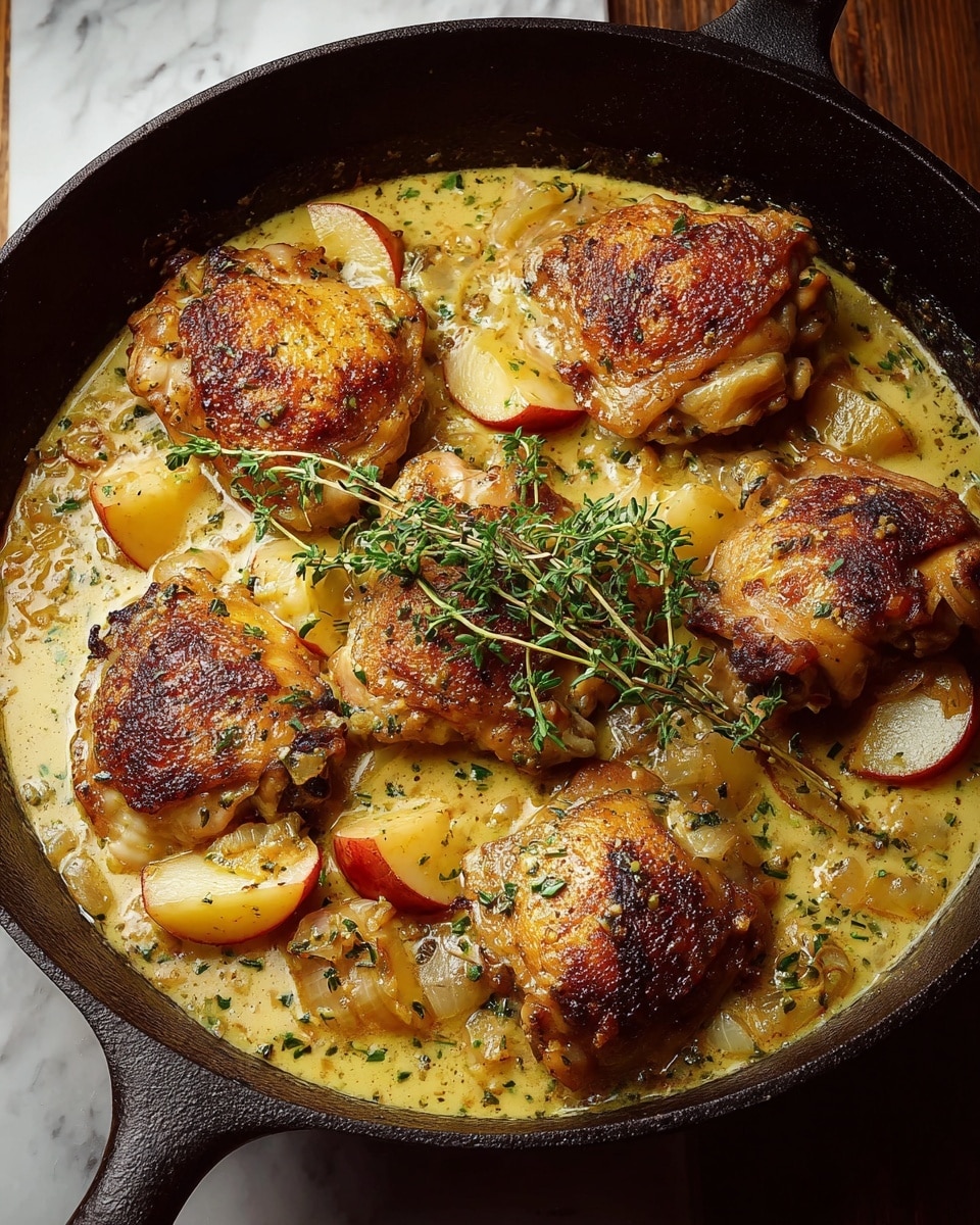 A black cast iron pan filled with six pieces of golden-browned chicken thighs sitting on top, partially covered in a creamy, light yellow sauce with visible herbs and small chunks. Mixed in the sauce are several slices of red-skinned apple and translucent cooked onions. A fresh green sprig of thyme lies across the chicken in the center, adding a touch of vibrant color. The pan is placed on a white marbled surface, and the warm lighting highlights the juicy, rich texture of the chicken and sauce. Photo taken with an iphone --ar 4:5 --v 7