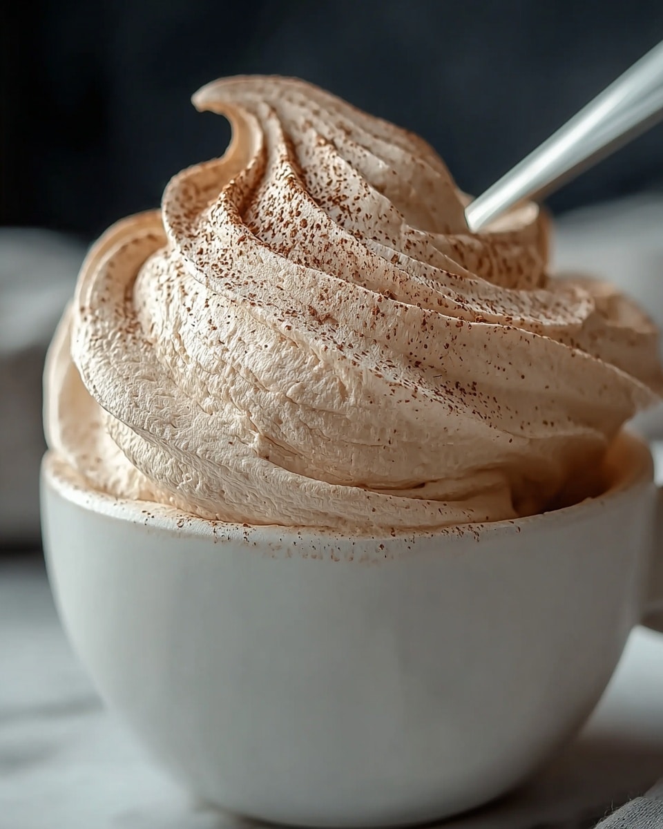 A close-up view of a creamy light brown mousse or whipped cream piled high inside a white ceramic cup, with soft swirls and smooth texture visible in thick, folded layers. A light dusting of cocoa powder is sprinkled on top, adding a fine speckled pattern. The mousse almost stretches above the rim of the cup in strong curved folds. A silver spoon's edge peeks out from behind the mousse, set against a dark softly blurred background on a white marbled surface. Photo taken with an iphone --ar 4:5 --v 7