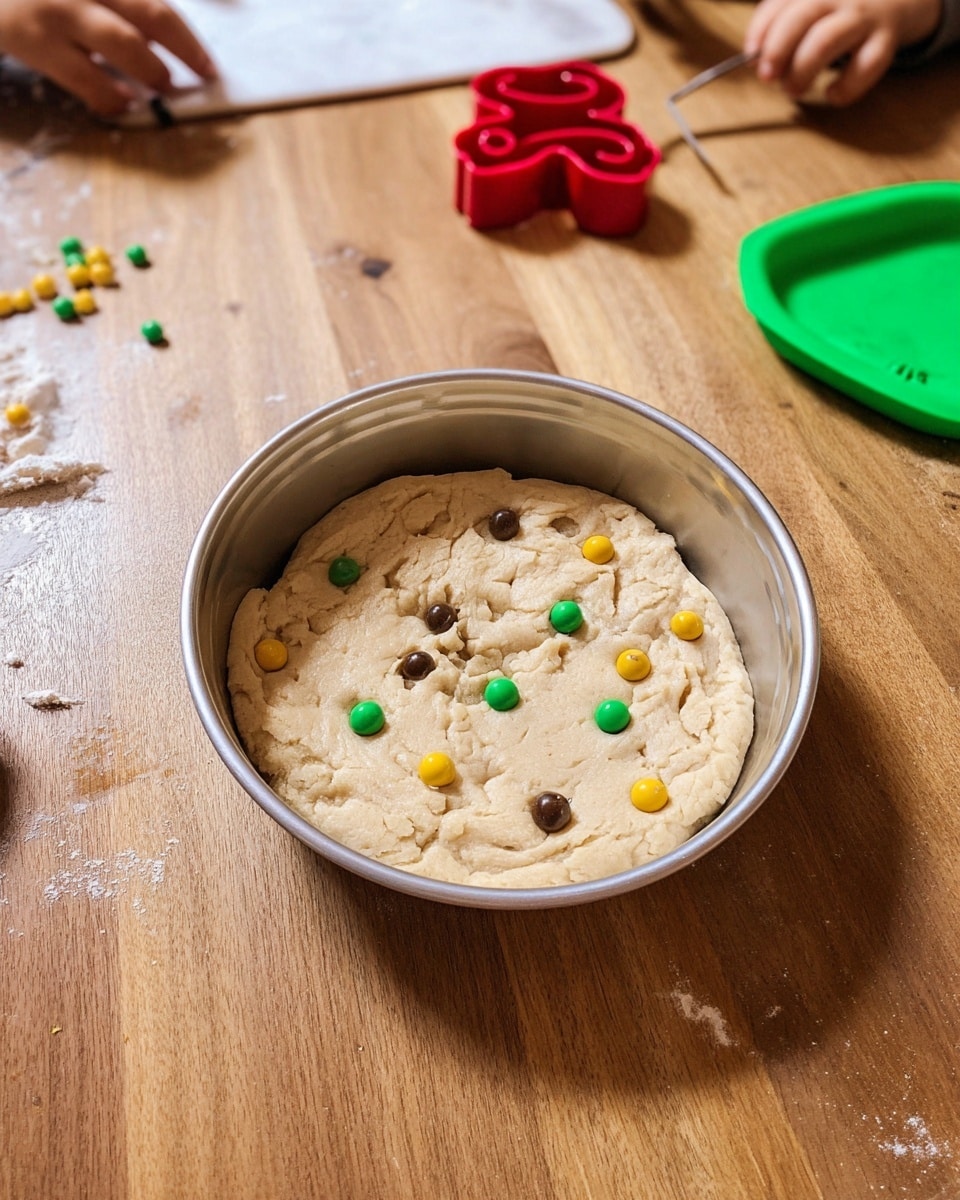 The image shows a small metal pan with a single layer of beige dough that has a rough texture and a few wrinkles on the surface. On top of the dough, small round beads of different colors, including brown, green, and yellow, are scattered unevenly. The pan is placed on a wooden table with a section of a woman's hand visible in the top left corner and another woman's hand holding something on the right side. A green plastic tray and some loose beads and a red cookie cutter in the shape of a gingerbread person are in the background, all on a white marbled texture. photo taken with an iphone --ar 4:5 --v 7