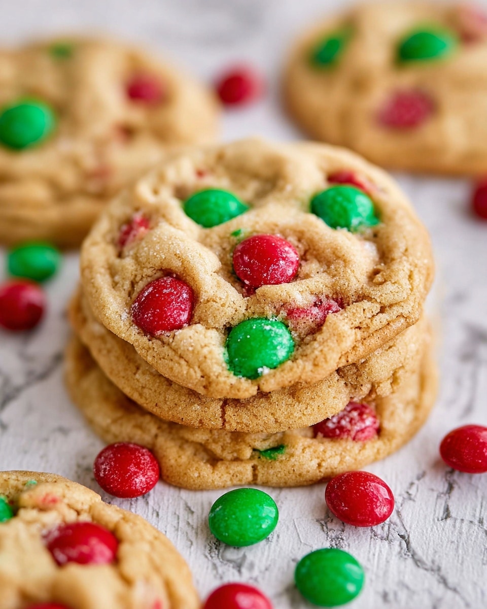 A close-up of three stacked soft, golden brown cookies with a slightly cracked surface, each studded with red and green candy-coated chocolates embedded throughout. Scattered red and green candies lie loosely around the cookies on a white marbled textured surface. Additional cookies, similarly decorated, are visible blurred in the background. photo taken with an iphone --ar 4:5 --v 7