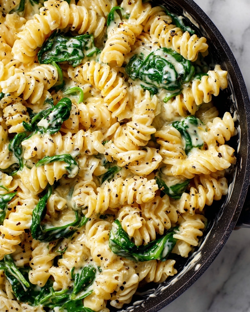 A close-up view of a black pan filled with creamy rotini pasta mixed with green spinach leaves. The pasta is coated in a white cheese sauce that looks smooth and rich, with small black pepper specks scattered on top. The spiraled pasta shapes are tightly packed in the pan, with the green spinach evenly spread throughout. The dish sits on a white marbled texture surface. photo taken with an iphone --ar 4:5 --v 7