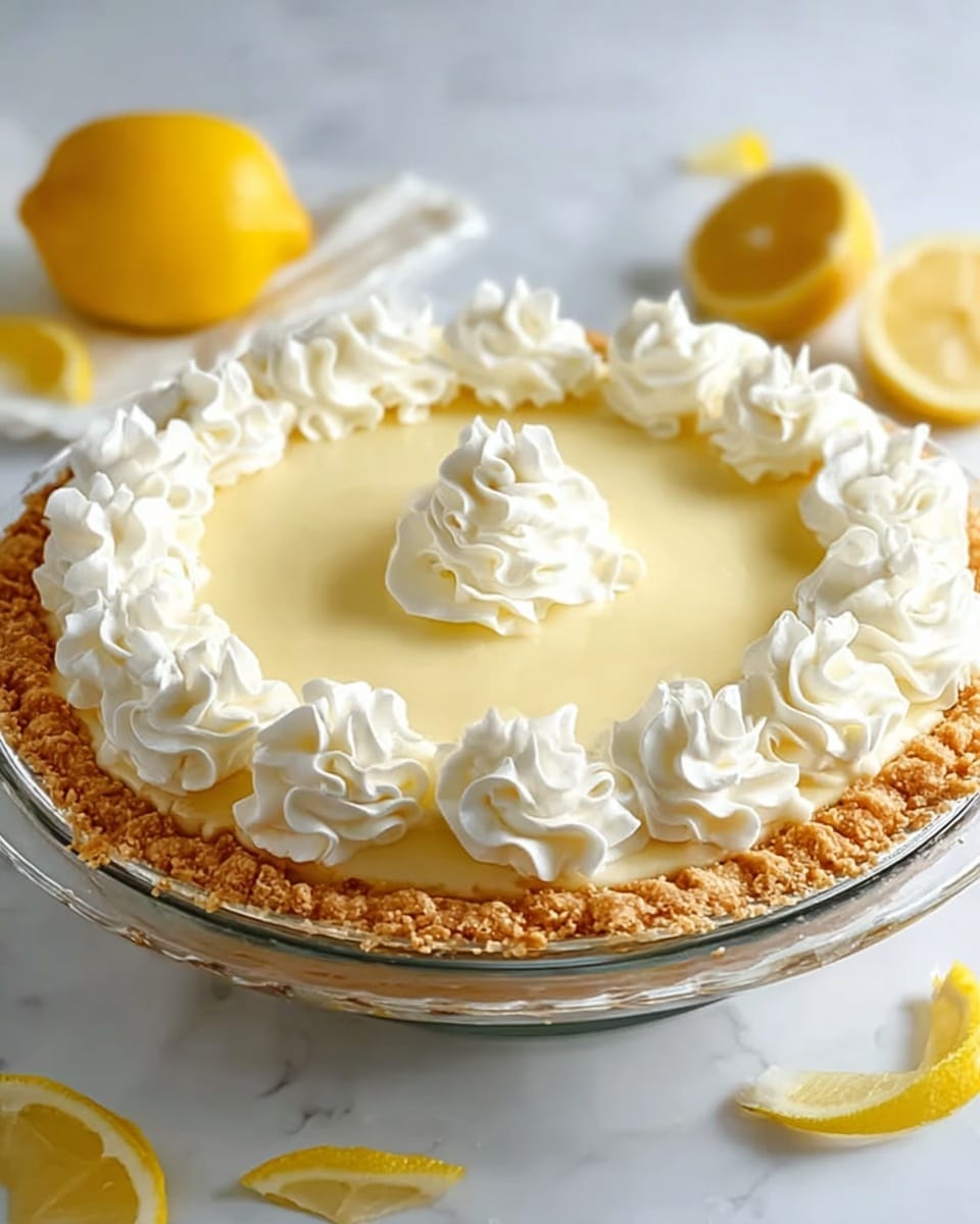 A lemon cream pie with three layers sits on a clear glass plate against a white marbled texture. The bottom layer is a golden-brown flaky crust with a textured edge. Above that is a smooth, pale yellow lemon cream filling, topped with a ring of evenly spaced white whipped cream swirls around the edge and one larger swirl in the center. The background shows a whole yellow lemon, lemon slices, and lemon peels scattered softly around the pie. photo taken with an iphone --ar 4:5 --v 7
