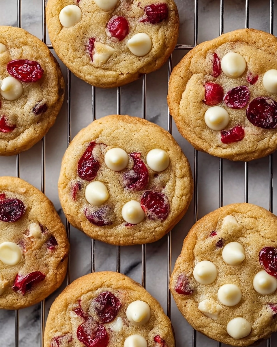 The image shows a close-up view of multiple round cookies on a cooling rack placed on a white marbled surface. Each cookie has a golden-brown base with a slightly crispy edge and a soft center dotted with bright red cranberries and creamy white chocolate chips, which are melted and glossy in places. The textures show a mix of smooth melted chocolate, plump juicy cranberries, and a slightly crumbly cookie dough. The cooling rack’s metallic lines run vertically and horizontally beneath the cookies, adding structure to the image. photo taken with an iphone --ar 4:5 --v 7