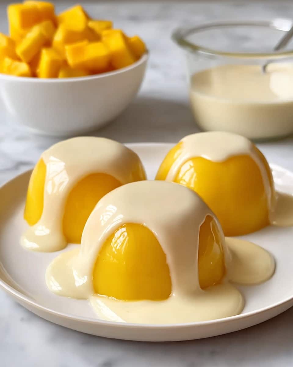 Three glossy, dome-shaped yellow mango puddings sit closely together on a white plate with a smooth, creamy white sauce poured generously over the top, dripping down the sides and pooling on the plate. The puddings have a shiny, smooth texture with vivid golden yellow color, while the sauce looks thick and silky. In the background, there is a blurred white bowl filled with yellow mango cubes and another glass container with light cream sauce, all placed on a white marbled surface. photo taken with an iphone --ar 4:5 --v 7