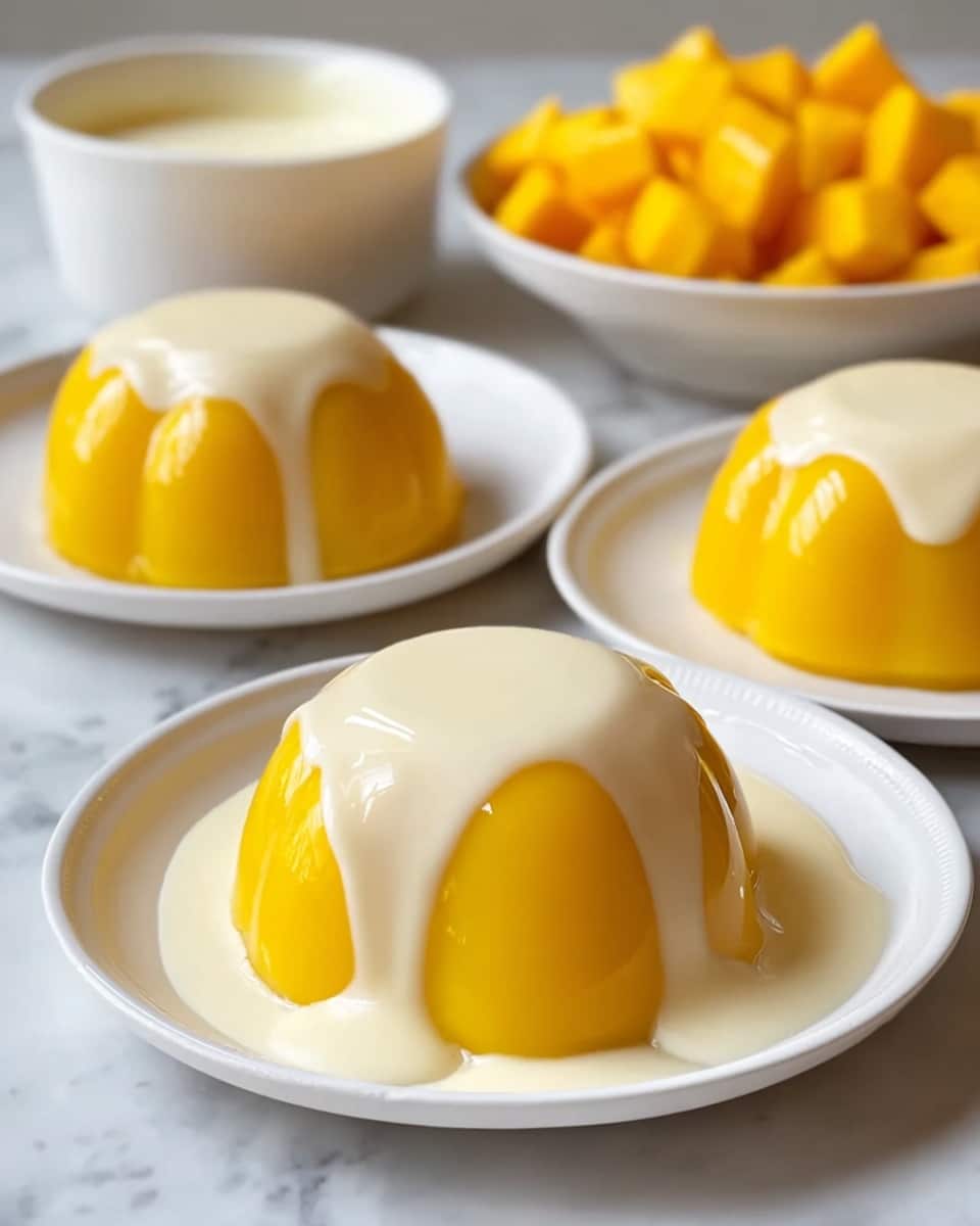 Three dome-shaped mango gelatin desserts sit on a white plate placed on a white marbled surface. Each dome has a smooth, shiny, vibrant yellow bottom layer, topped with a glossy, creamy white layer that drips slightly down the sides, creating a flowing texture. In the background, there is a bowl with thick white sauce and another white plate filled with bright yellow mango cubes, all set on the white marbled surface. The light reflects softly on the desserts, emphasizing their smooth and glossy look. Photo taken with an iphone --ar 4:5 --v 7