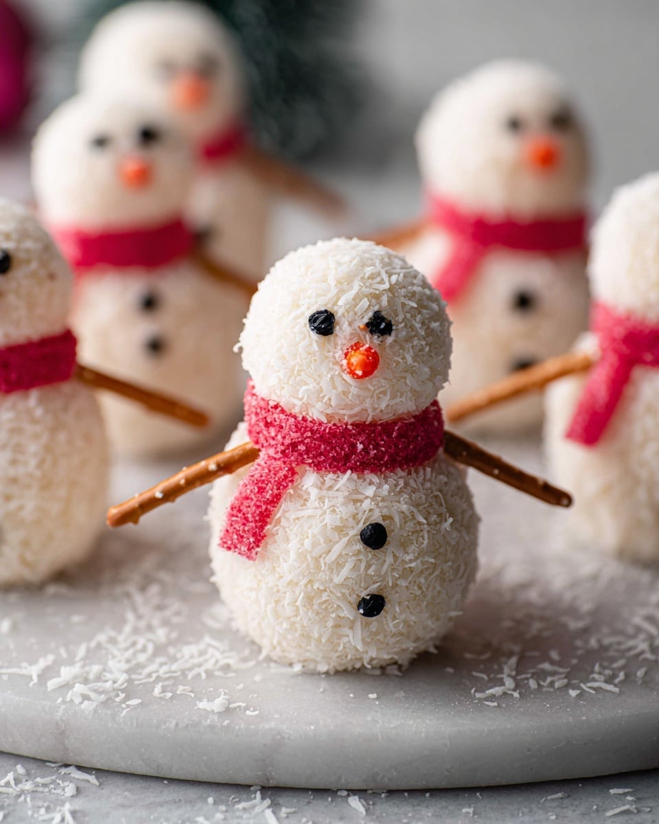 The image shows small snowman-shaped treats, each made of two round white balls stacked for the head and body, covered with a shredded coconut texture that gives a snowy look. Each snowman has two small black dots for eyes on the head, a tiny orange nose, and three black dots down the front body as buttons. A bright red, sugar-coated strip wrapped around the neck acts as a scarf. Thin pretzel sticks are placed on each side of the body to look like arms. They are arranged on a white marbled surface lightly sprinkled with coconut shreds, creating a soft snowy effect. Photo taken with an iphone --ar 4:5 --v 7