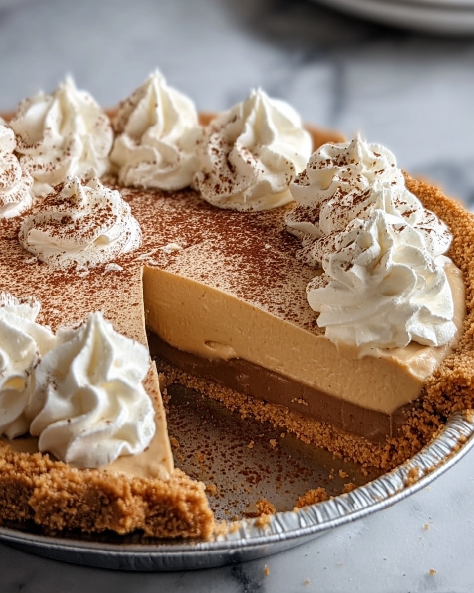 The image shows a pie with three distinct layers visible from a missing slice. The bottom layer is a crumbly, golden brown crust with a textured edge. The middle layer is a smooth, creamy light brown filling that looks rich and dense. The top layer is made of white whipped cream dollops arranged in a circle around the pie’s edge. The middle of the pie’s surface, between the whipped cream, is dusted with a fine layer of cocoa powder in a reddish-brown color. The pie is in a metal pie pan, sitting on a white marbled textured surface. Photo taken with an iphone --ar 4:5 --v 7